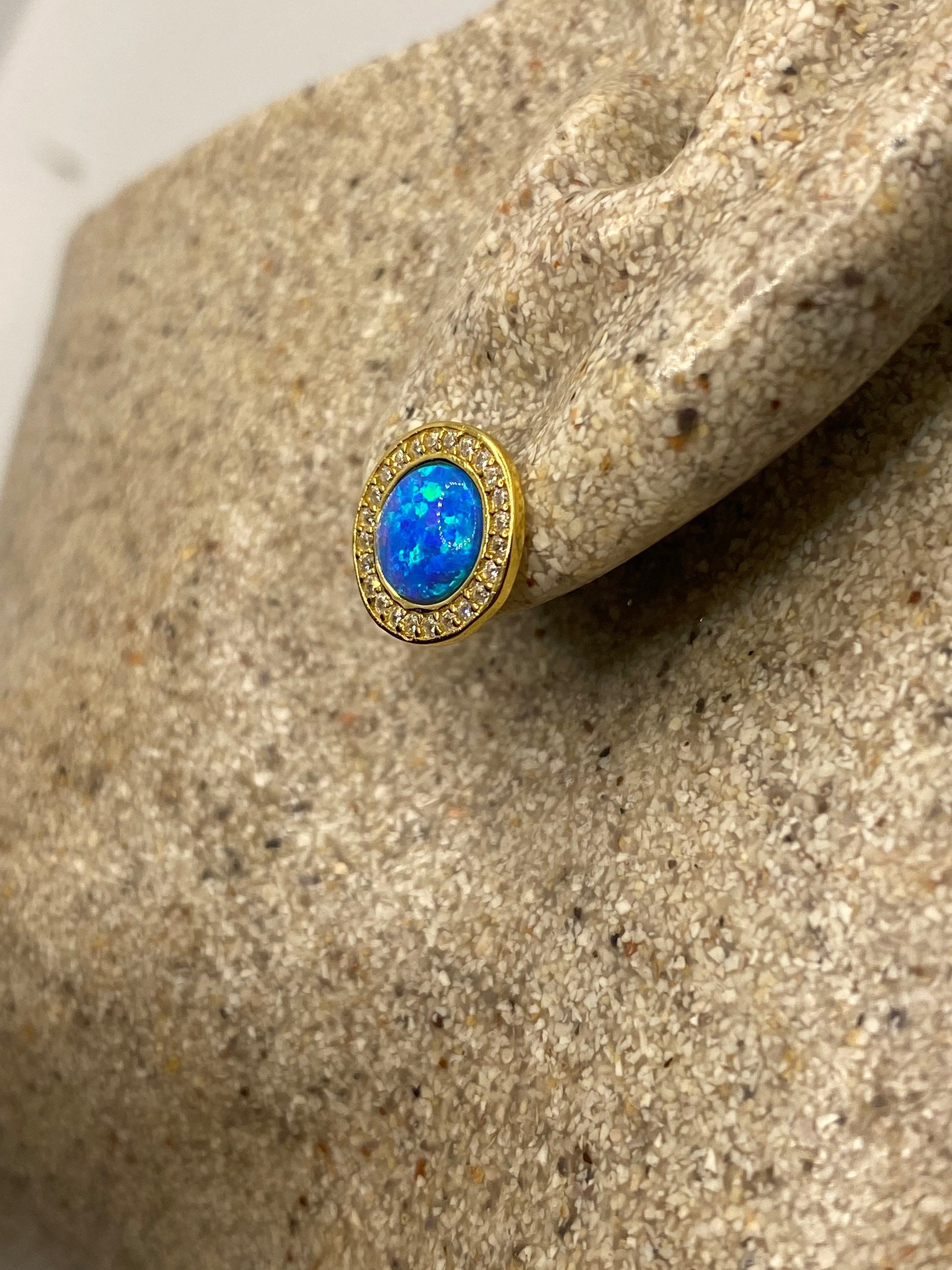 Vintage Blue Opal Earrings Golden 925 Sterling Silver Stud Button