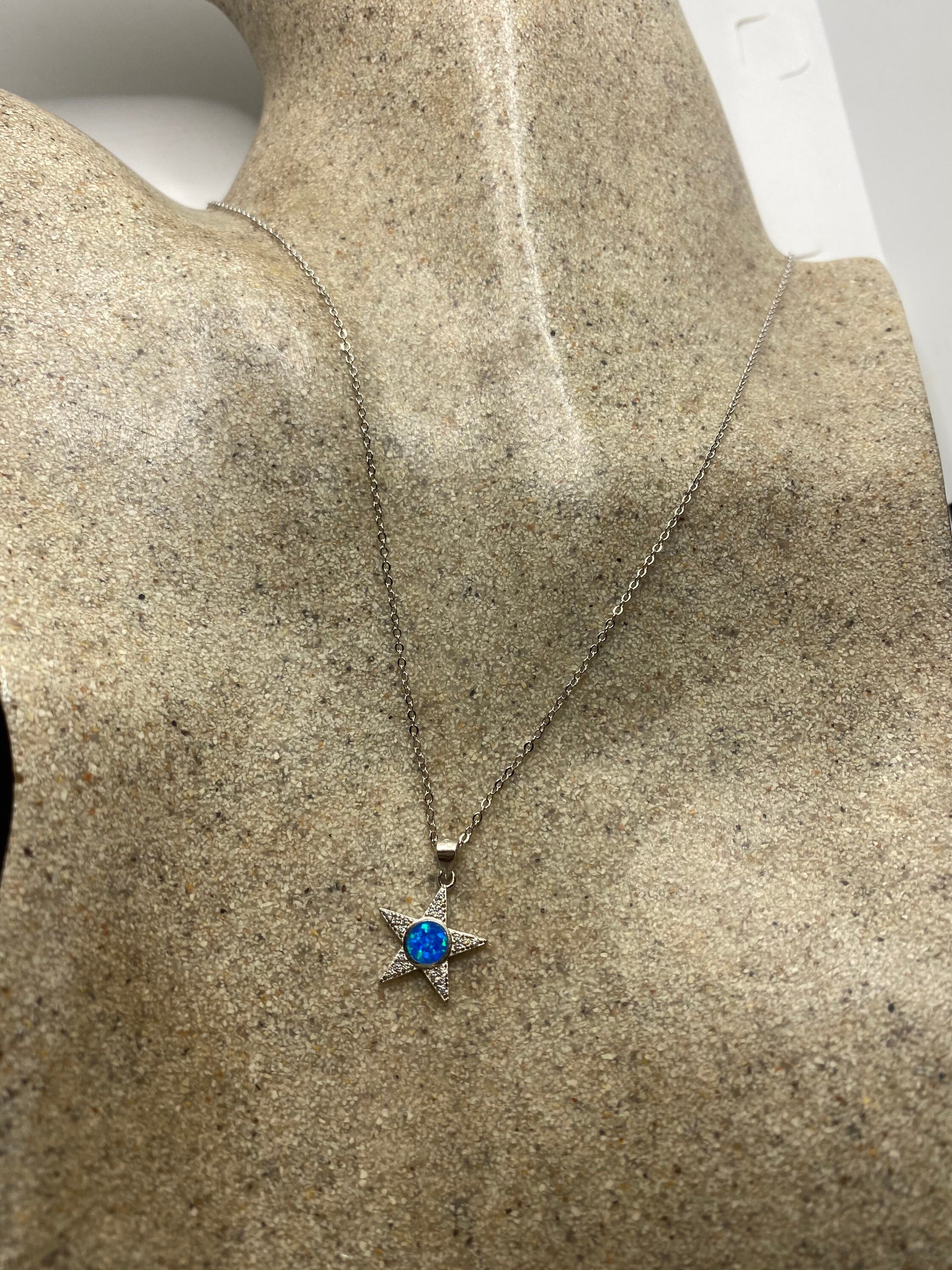 Vintage Blue Fire Opal Star Choker 925 Sterling Silver Pendant Necklace
