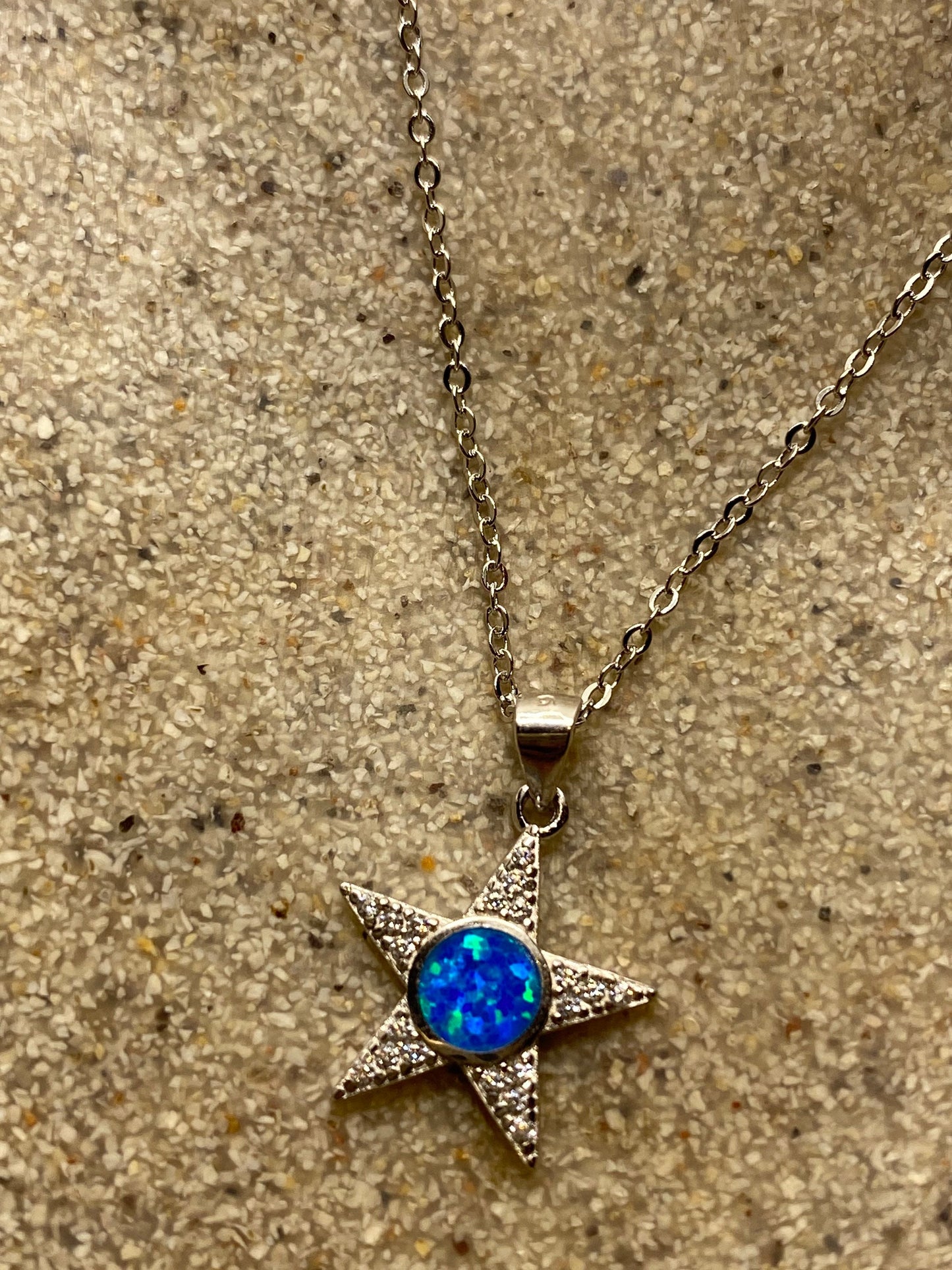 Vintage Blue Fire Opal Star Choker 925 Sterling Silver Pendant Necklace