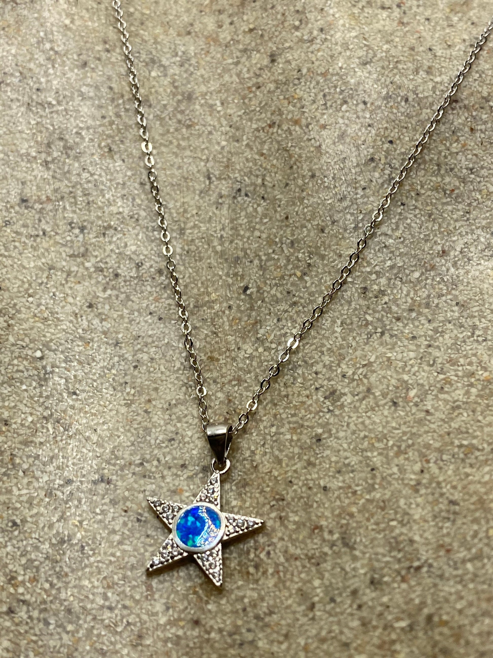 Vintage Blue Fire Opal Star Choker 925 Sterling Silver Pendant Necklace
