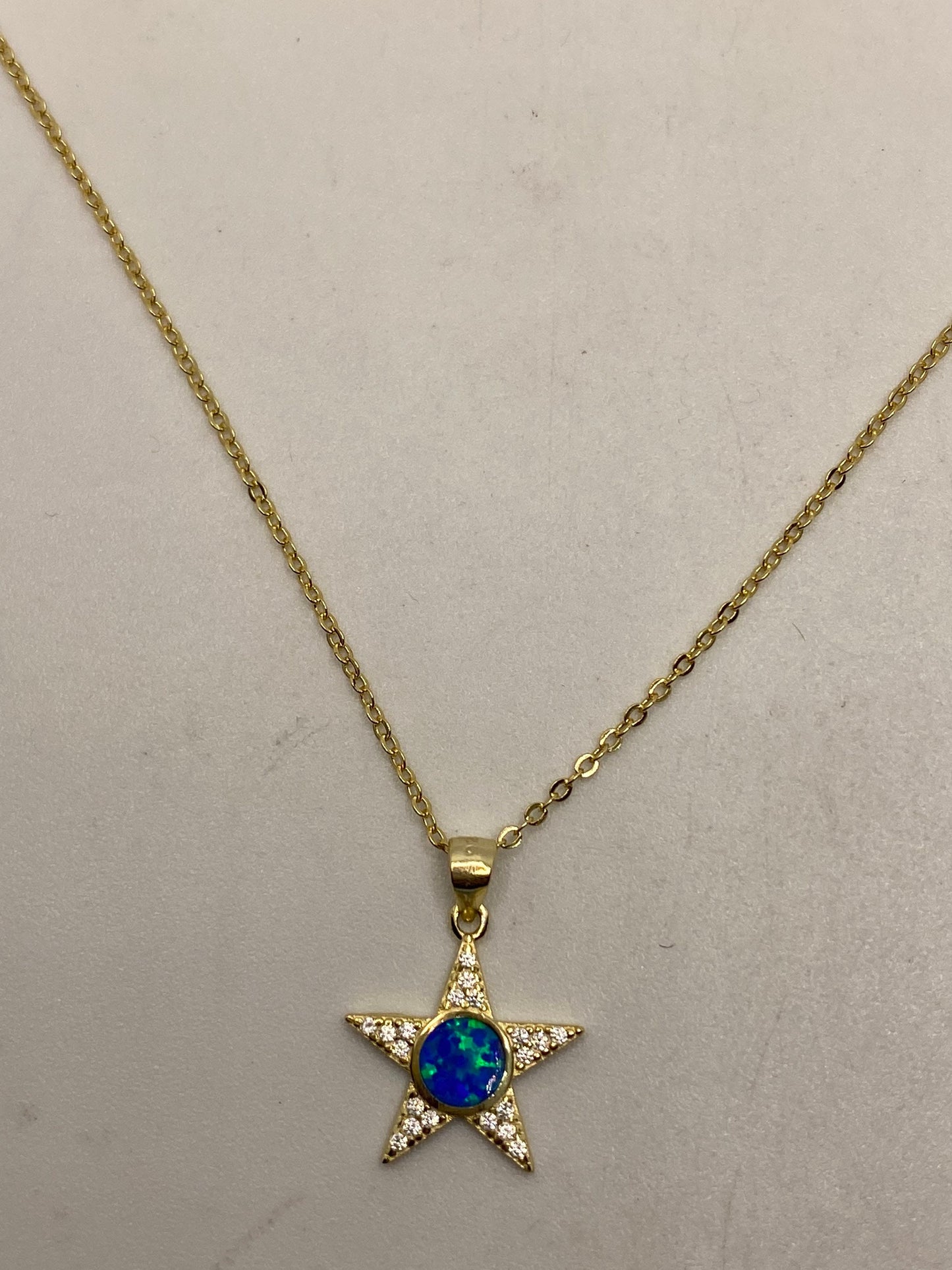 Vintage Blue Fire Opal Star Choker Golden 925 Sterling Silver Pendant Necklace