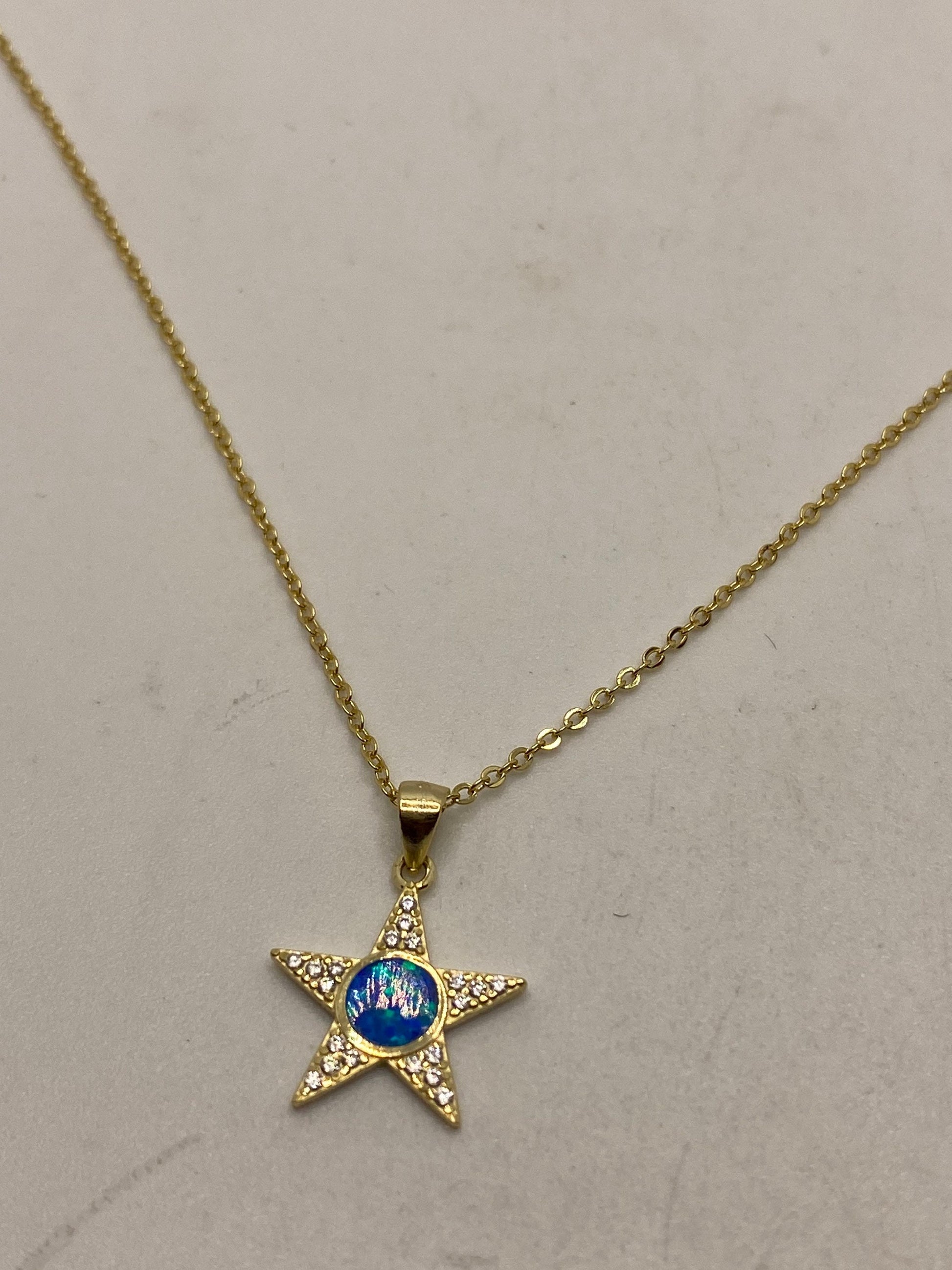 Vintage Blue Fire Opal Star Choker Golden 925 Sterling Silver Pendant Necklace