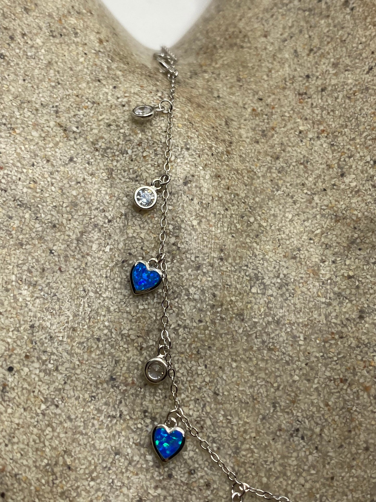 Vintage Blue Fire Opal Heart Choker 925 Sterling Silver Charm Necklace