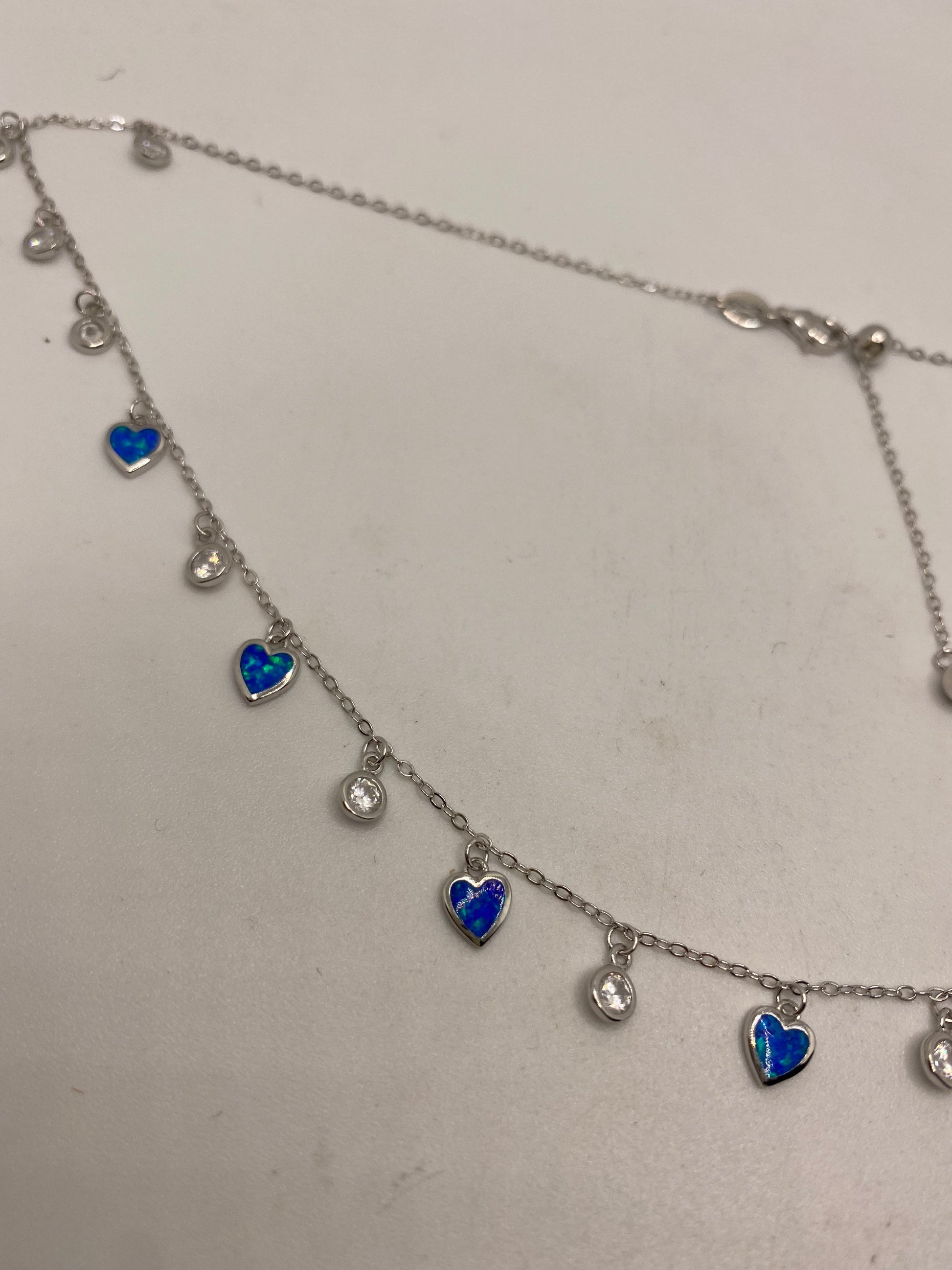 Vintage Blue Fire Opal Heart Choker 925 Sterling Silver Charm Necklace