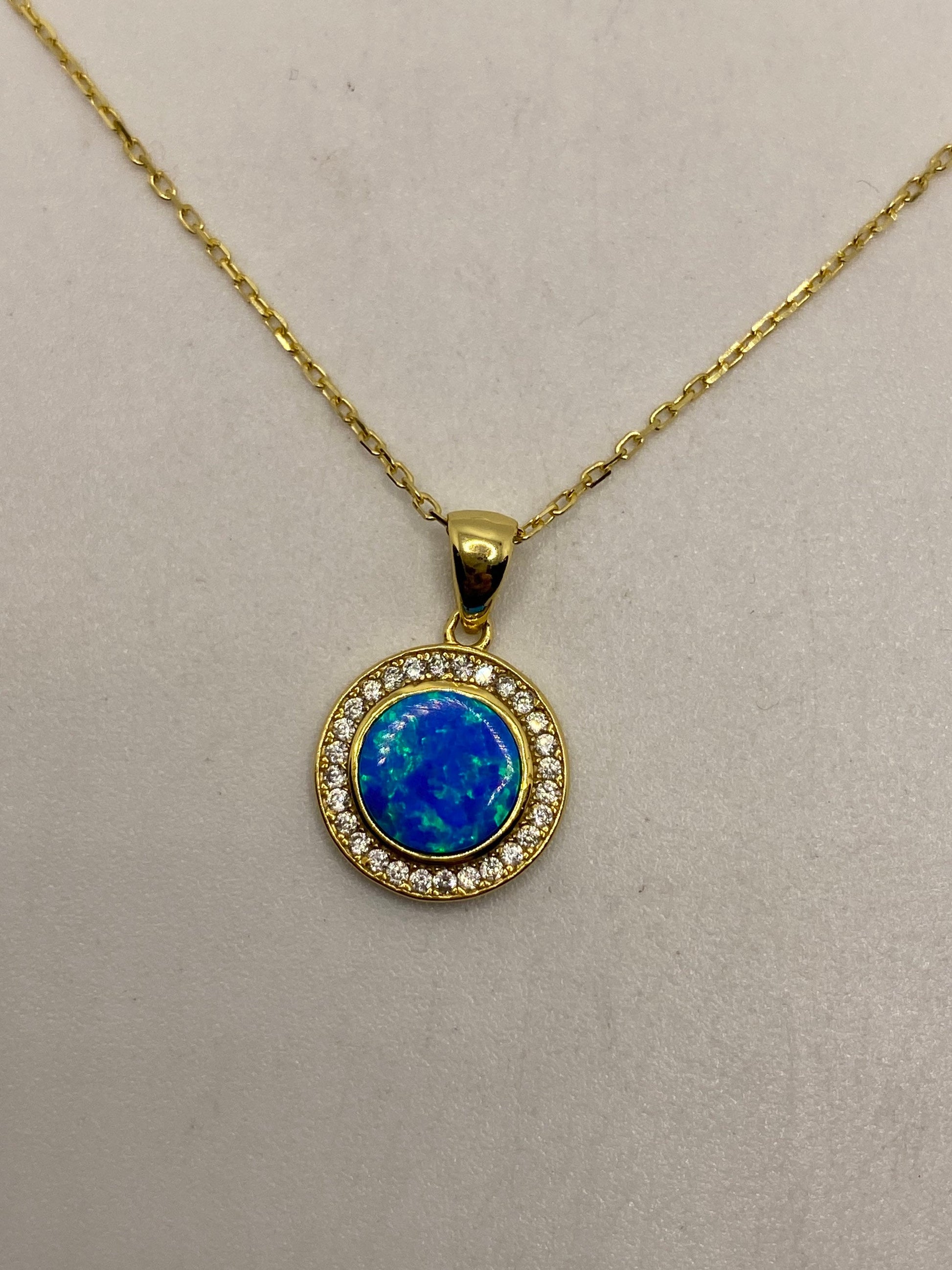 Vintage Blue Fire Opal Choker Golden 925 Sterling Silver Pendant Necklace