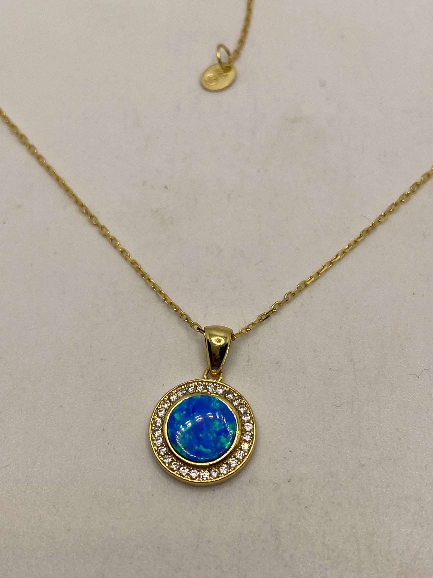 Vintage Blue Fire Opal Choker Golden 925 Sterling Silver Pendant Necklace