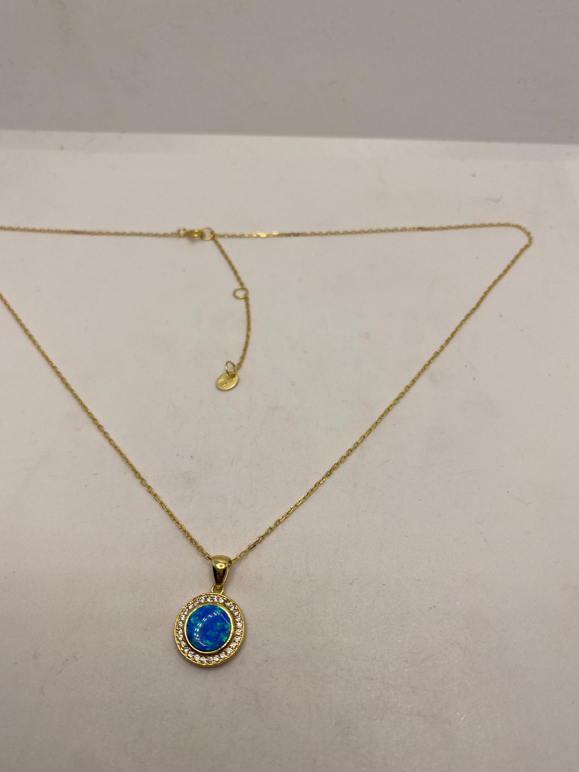 Vintage Blue Fire Opal Choker Golden 925 Sterling Silver Pendant Necklace