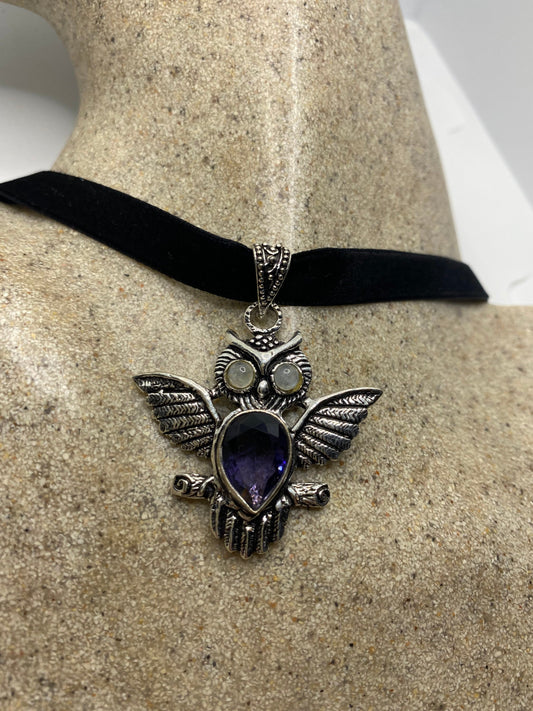 Vintage Purple Amethyst Owl Choker Necklace