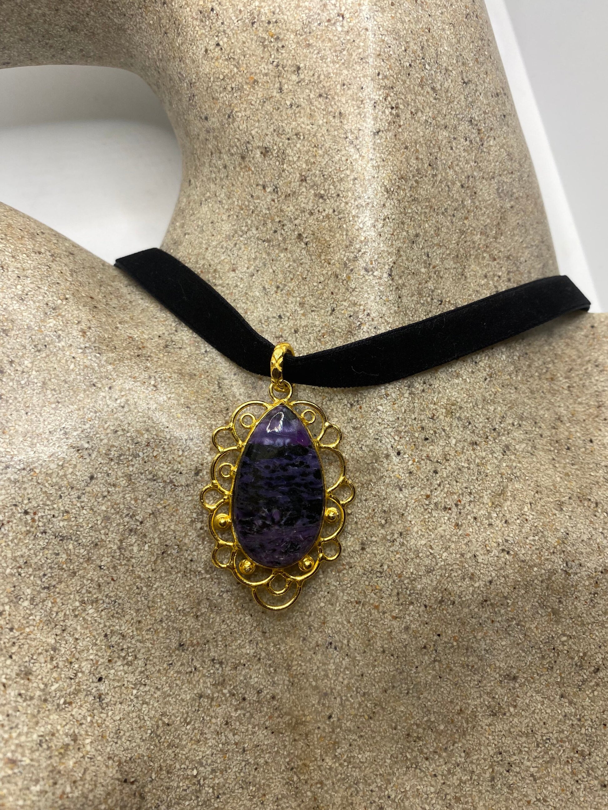 Vintage Cabochon Purple Charlite Golden Choker Necklace