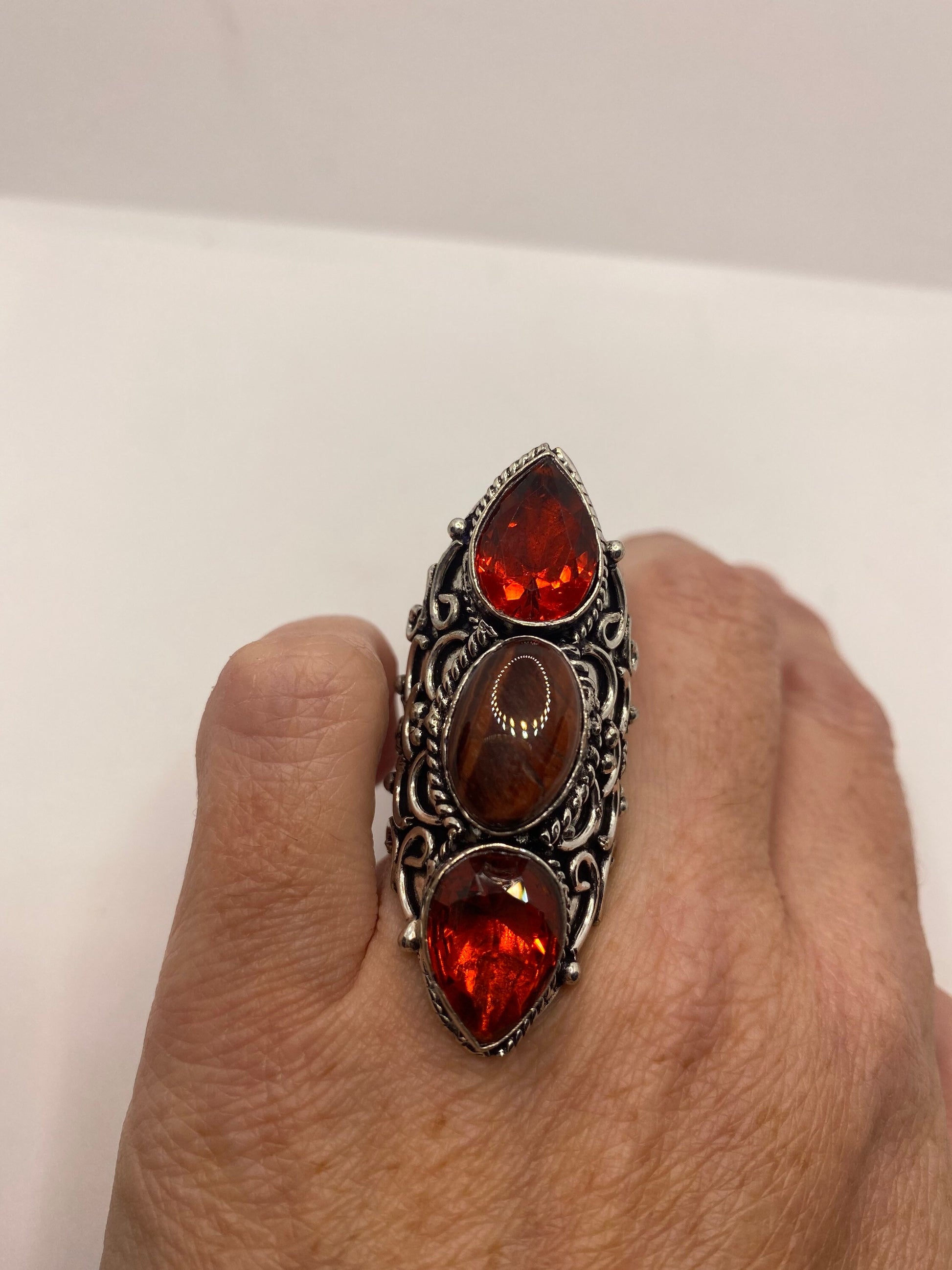 Vintage Ruby Glass Tiger Eye Ring