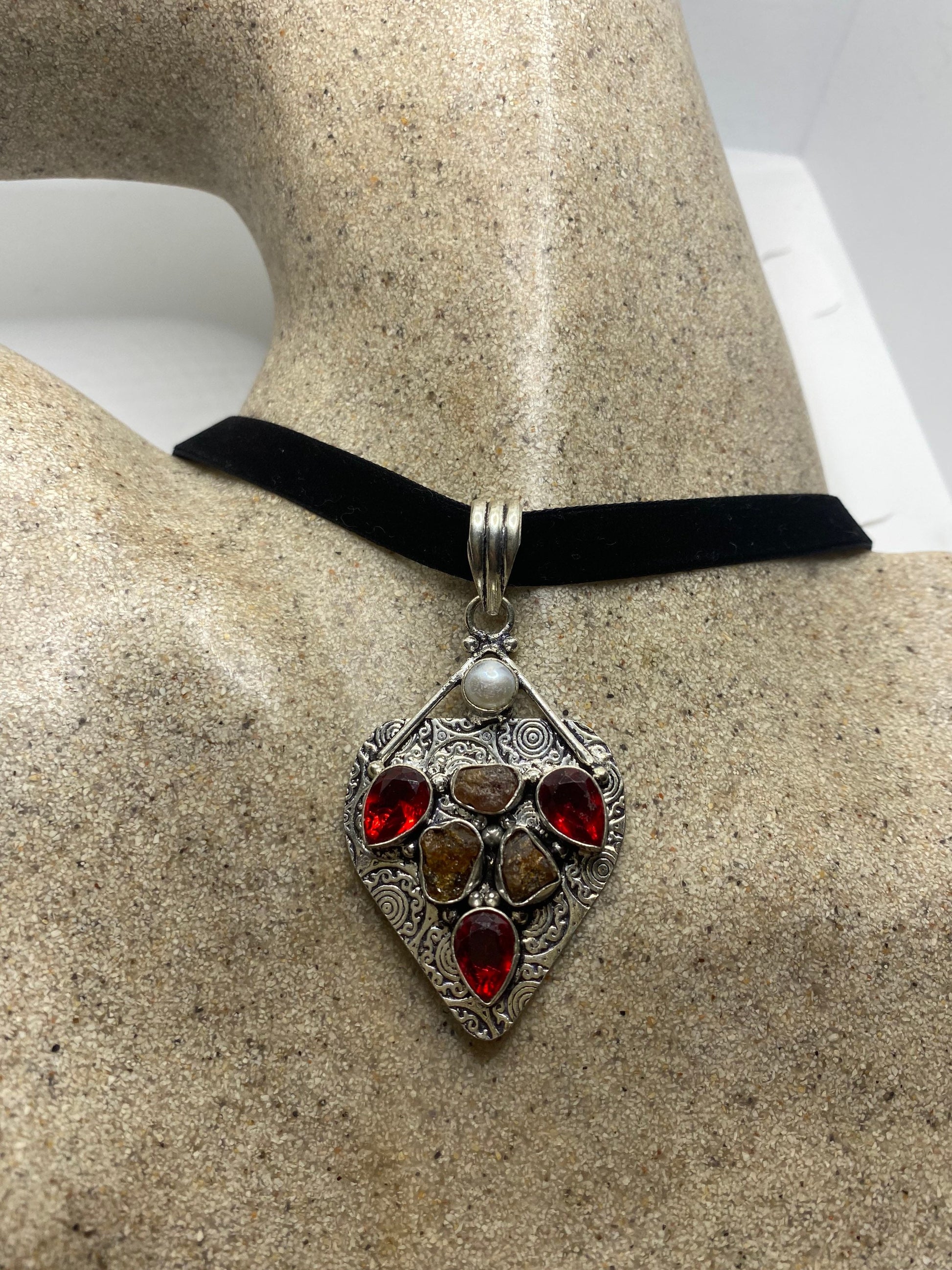 Vintage Raw Tourmaline Ruby Glass Black Velvet Choker Necklace