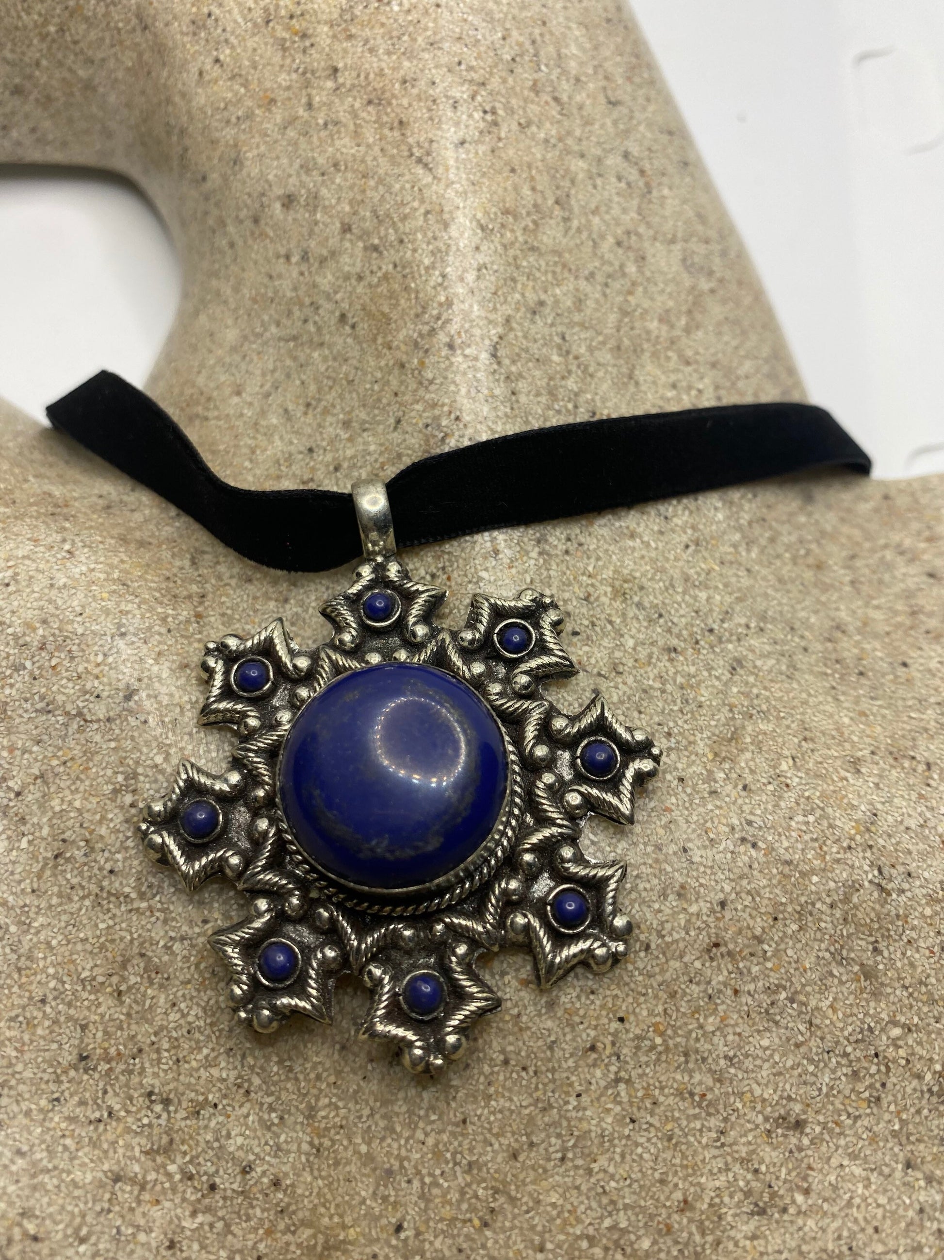 Vintage Tibetan Lapis Star Black Velvet Choker Necklace.