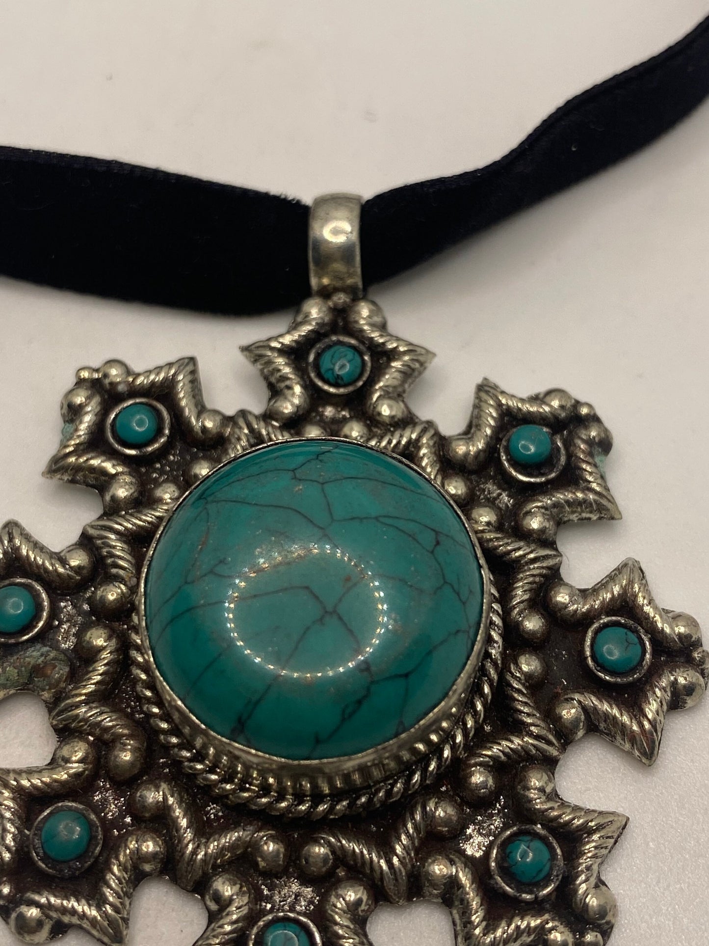 Vintage Tibetan Turquoise Star Black Velvet Choker Necklace.