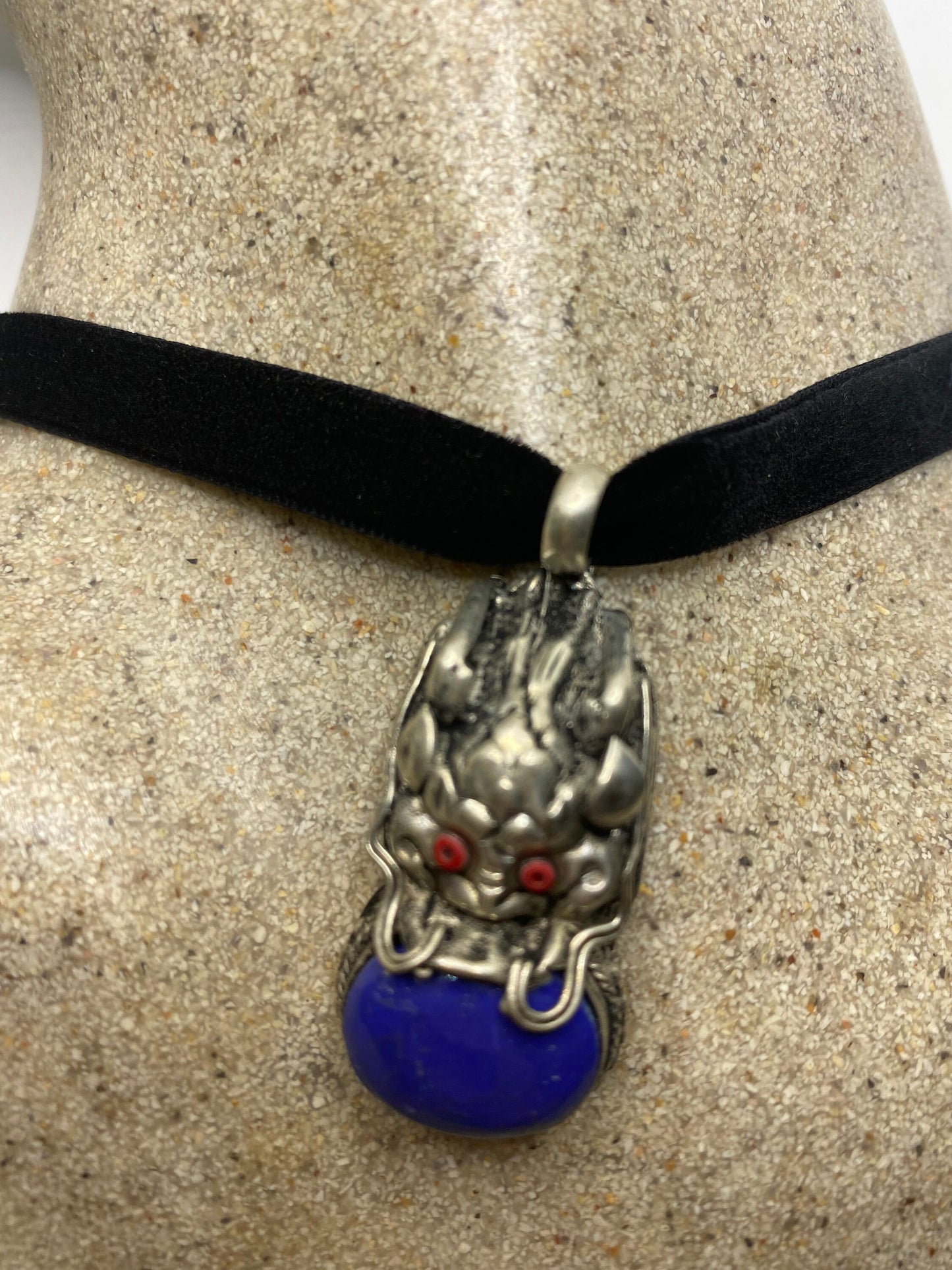 Vintage Tibetan Lapis Dragon Black Velvet Choker Necklace.