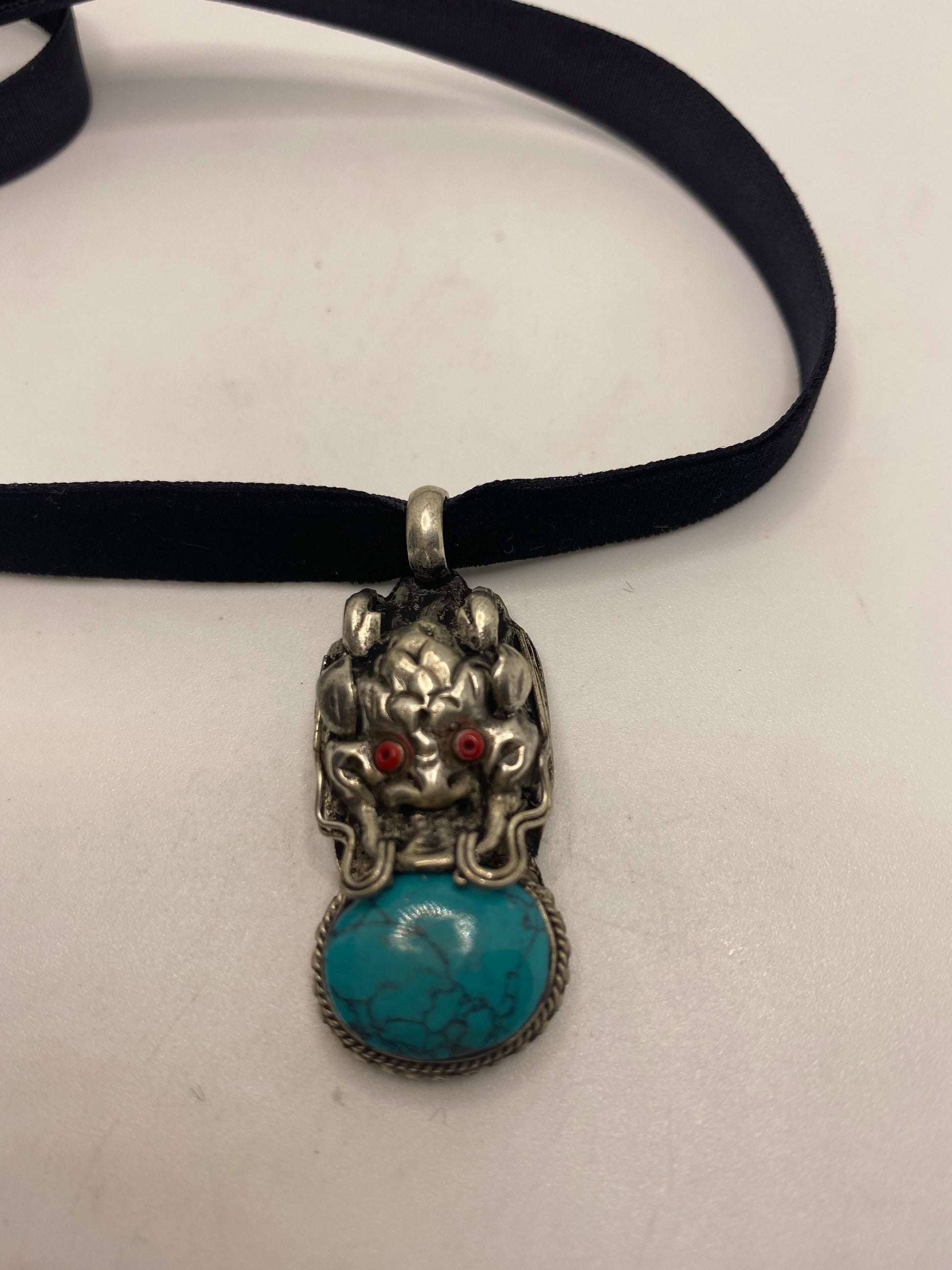 Vintage Tibetan Turquoise Dragon Black Velvet Choker Necklace.
