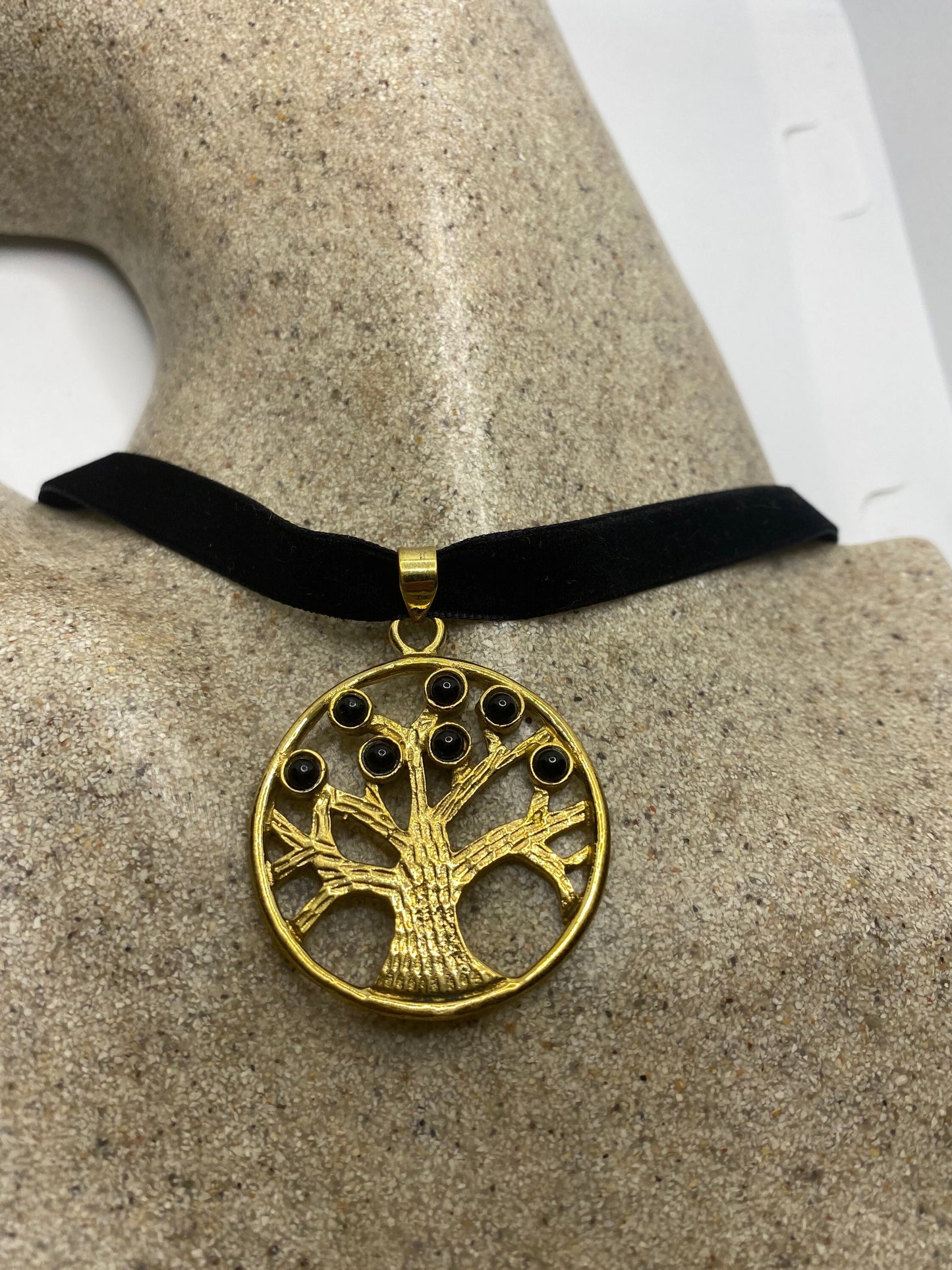 Vintage Tree of Life Onyx Bronze Black Velvet Choker Necklace.