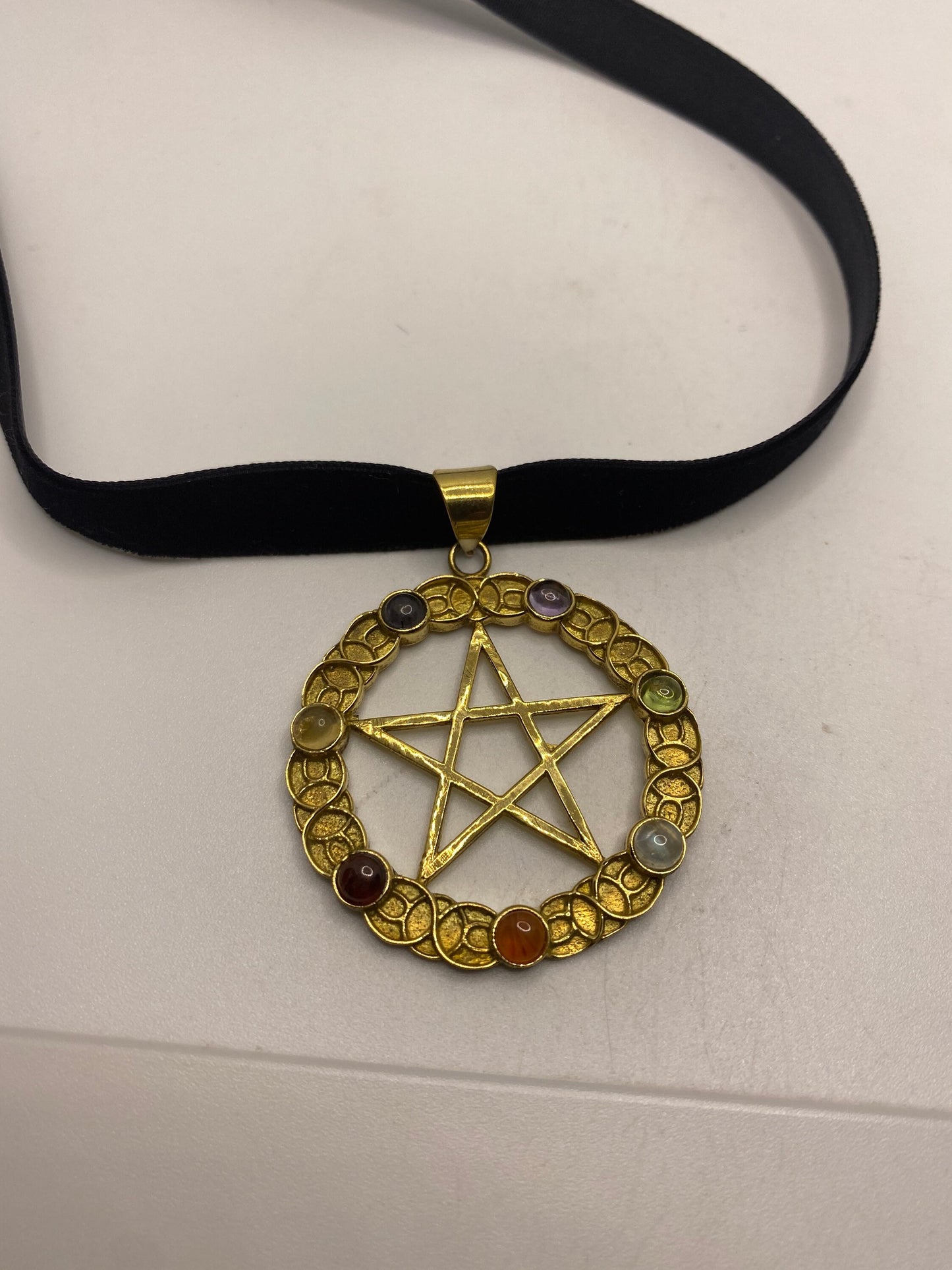 Vintage Pentagram Chakra Stones Bronze Velvet Choker Necklace.