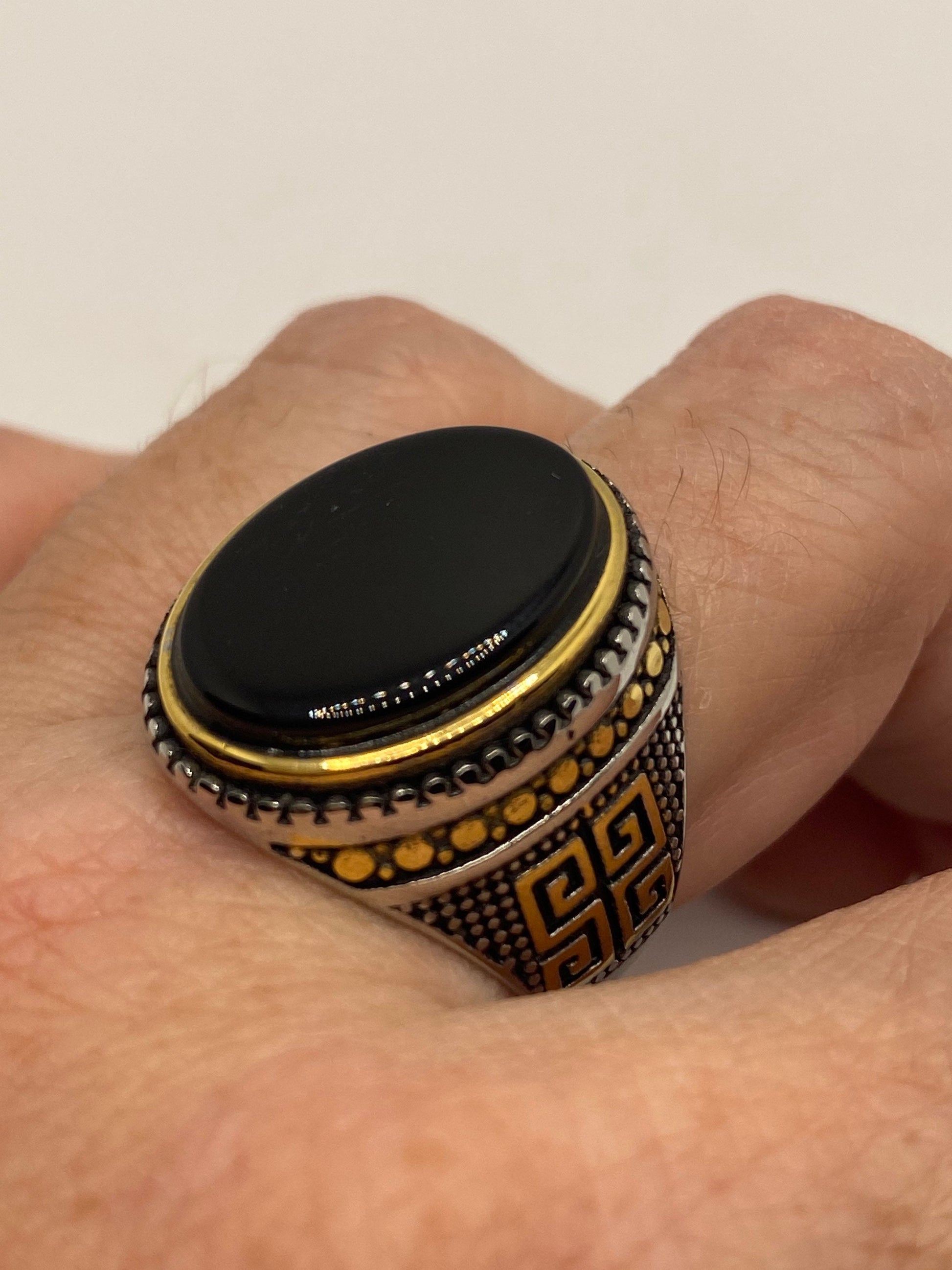 Vintage Gothic Gold Finished Stainless Steel Black Onyx Genuine Ring