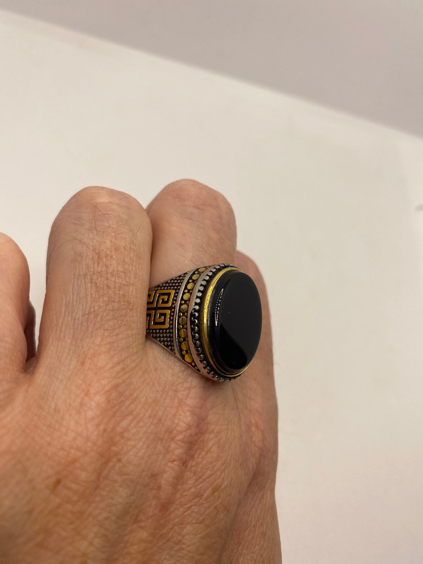 Vintage Gothic Gold Finished Stainless Steel Black Onyx Genuine Ring