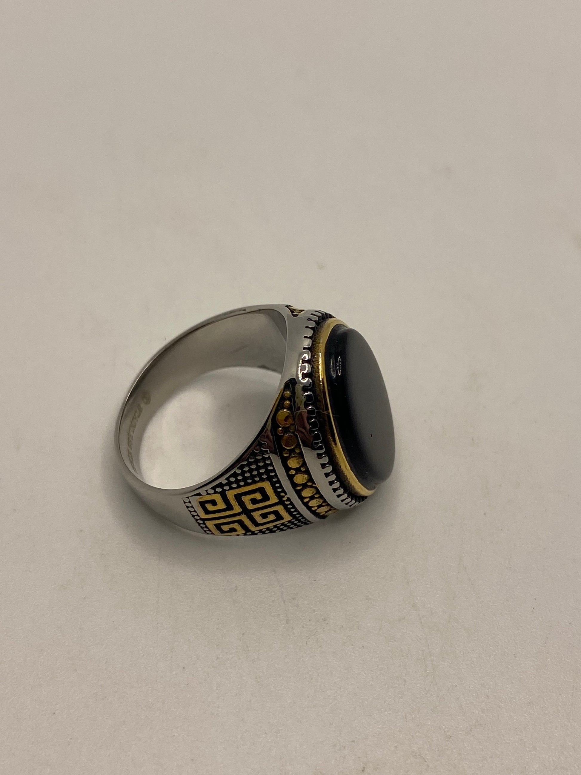 Vintage Gothic Gold Finished Stainless Steel Black Onyx Genuine Ring