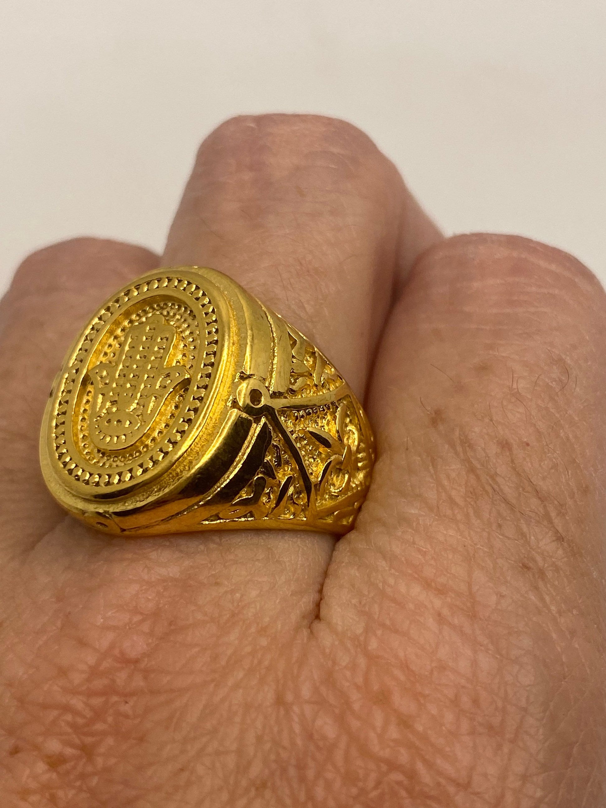 Vintage Golden Stainless Steel Hand of Fatima Mens Ring