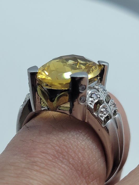 Vintage Yellow Citrine and White Sapphire Statement Ring in 925 Sterling Silver with 14k Gold Accent