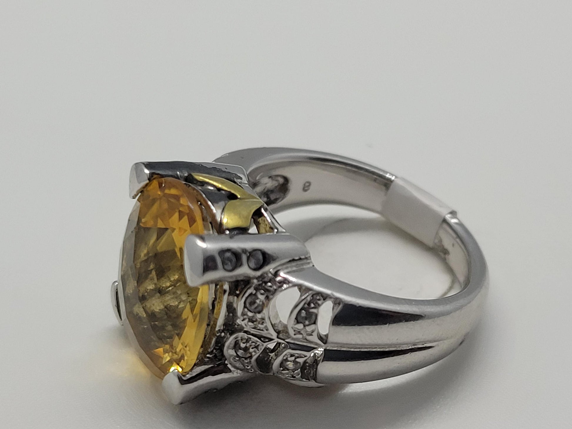 Vintage Yellow Citrine and White Sapphire Statement Ring in 925 Sterling Silver with 14k Gold Accent