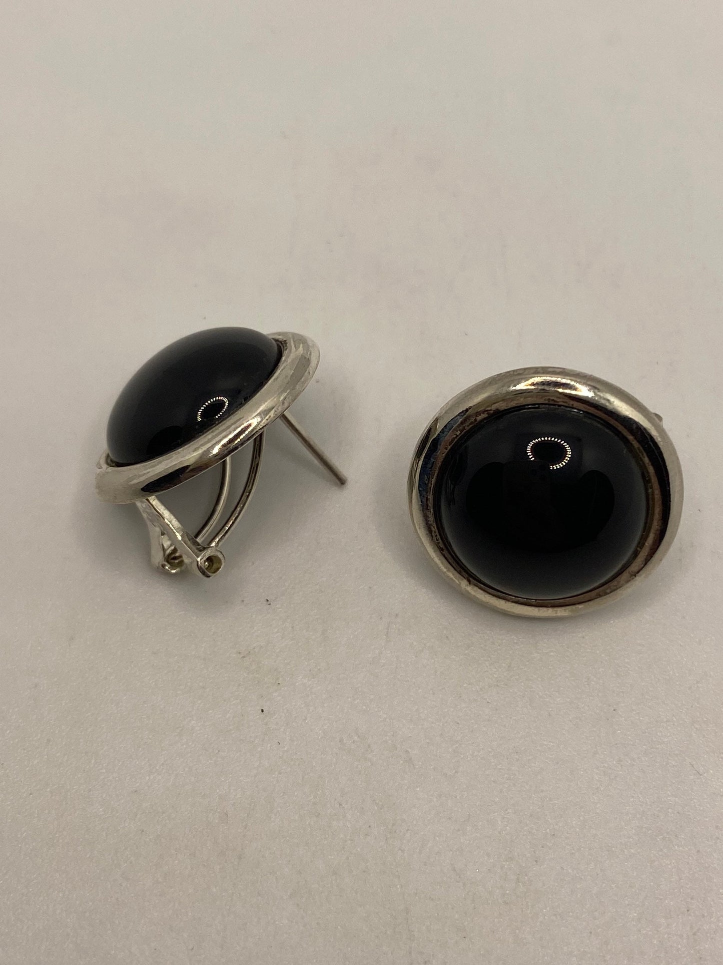 Vintage Black Onyx 925 Sterling Silver Button Earrings