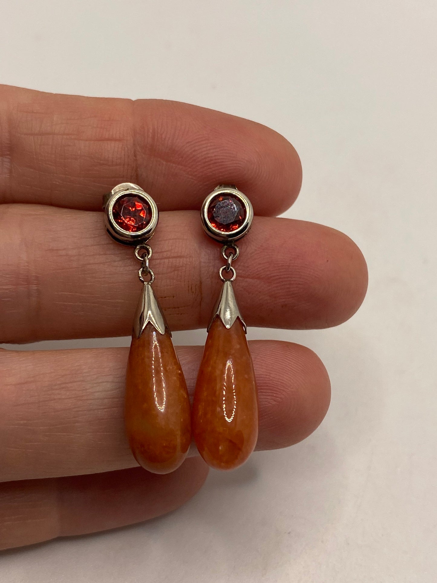 Vintage Orange Yellow Jade and Garnet 925 Sterling Silver Earrings