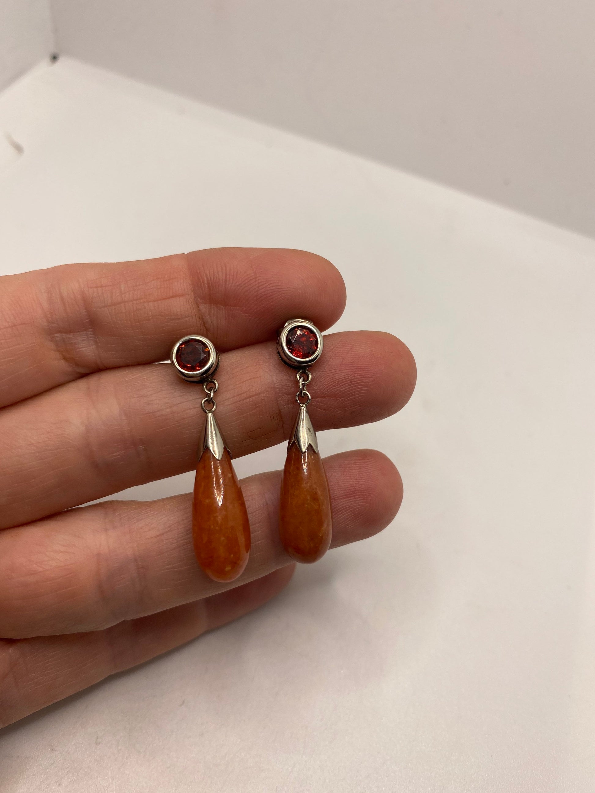 Vintage Orange Yellow Jade and Garnet 925 Sterling Silver Earrings