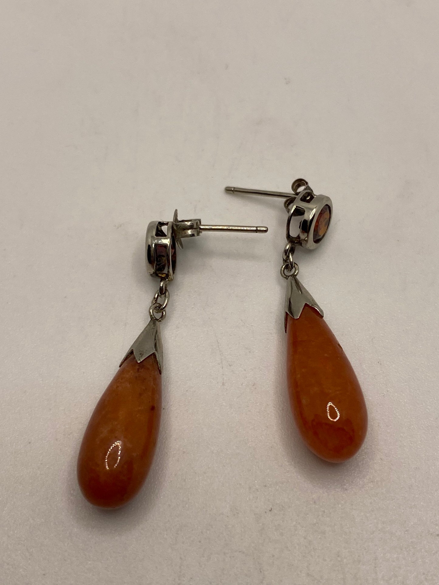 Vintage Orange Yellow Jade and Garnet 925 Sterling Silver Earrings