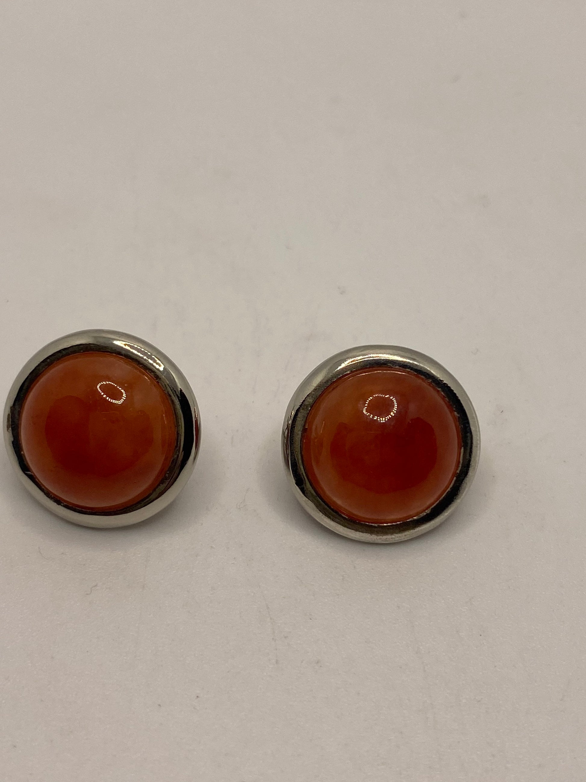 Vintage Orange Carnelian Gemstone 925 Sterling Silver button Earrings