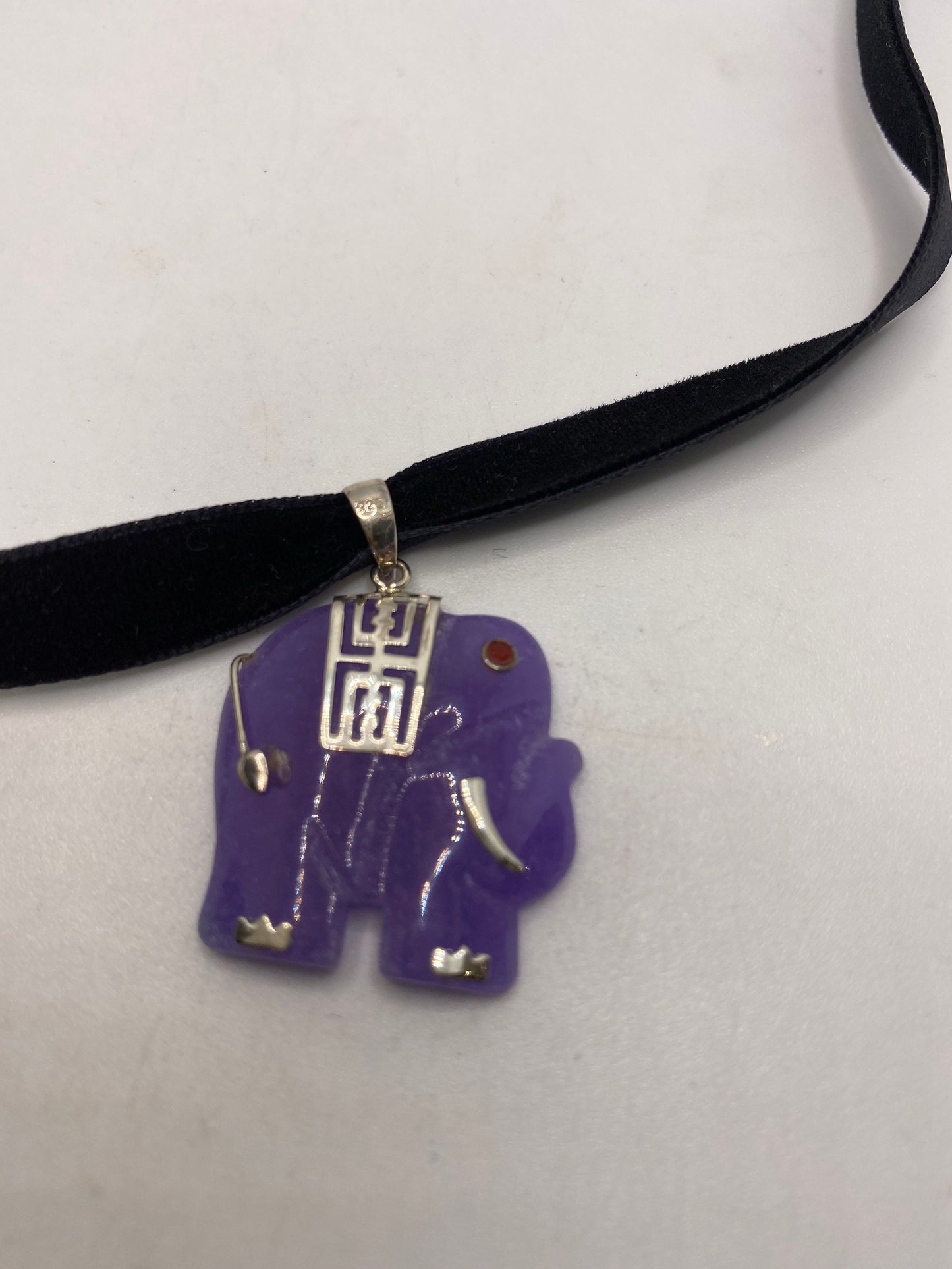 Vintage Purple Jade Elephant Choker 925 Sterling Silver Pendant Necklace