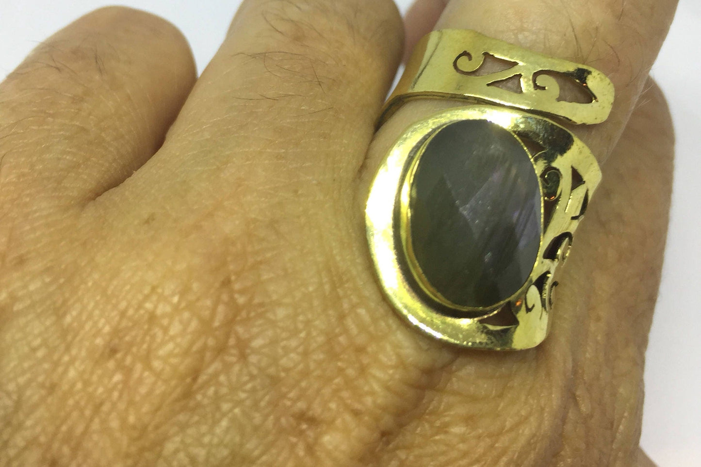 Vintage Large Green Labradorite Adjustable Bronze Ring
