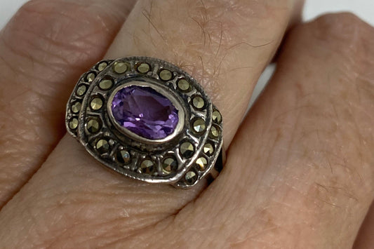 Vintage Amethyst Marcasite Ring 925 Sterling Silver Cocktail