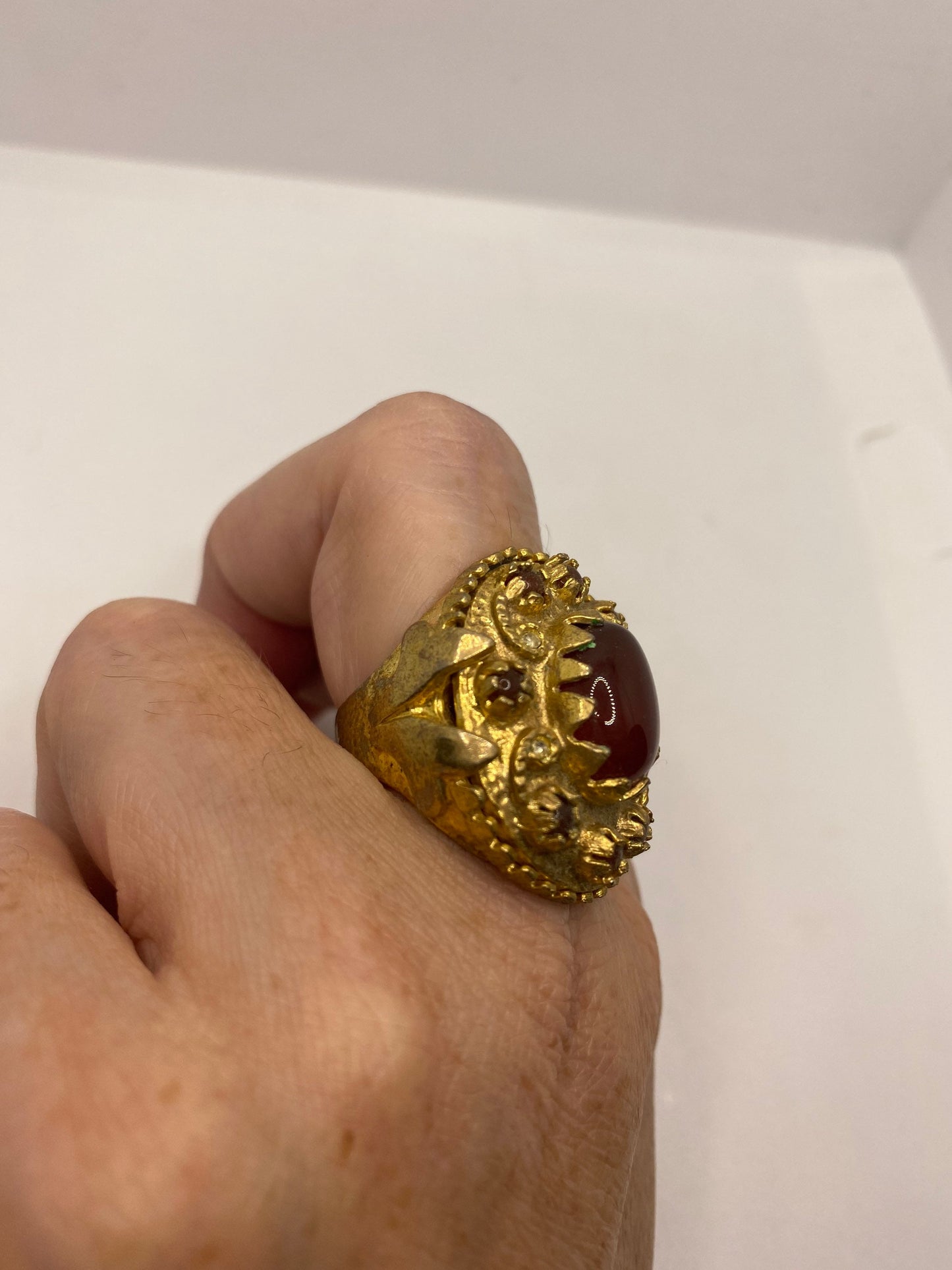 Vintage Red Carnelian Golden Bronze Ring