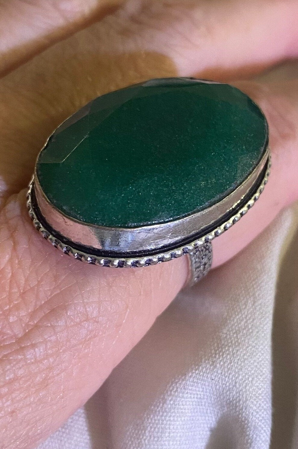 Vintage Green Raw Emerald Silver Bronze Statement Boho Ring