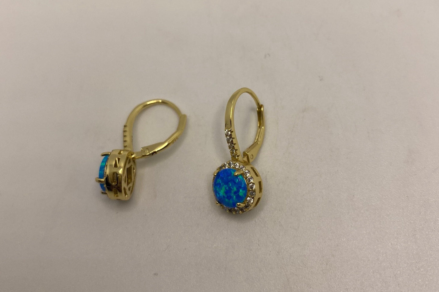 Vintage Blue Opal Earrings Golden 925 Sterling Silver Leverback Dangle