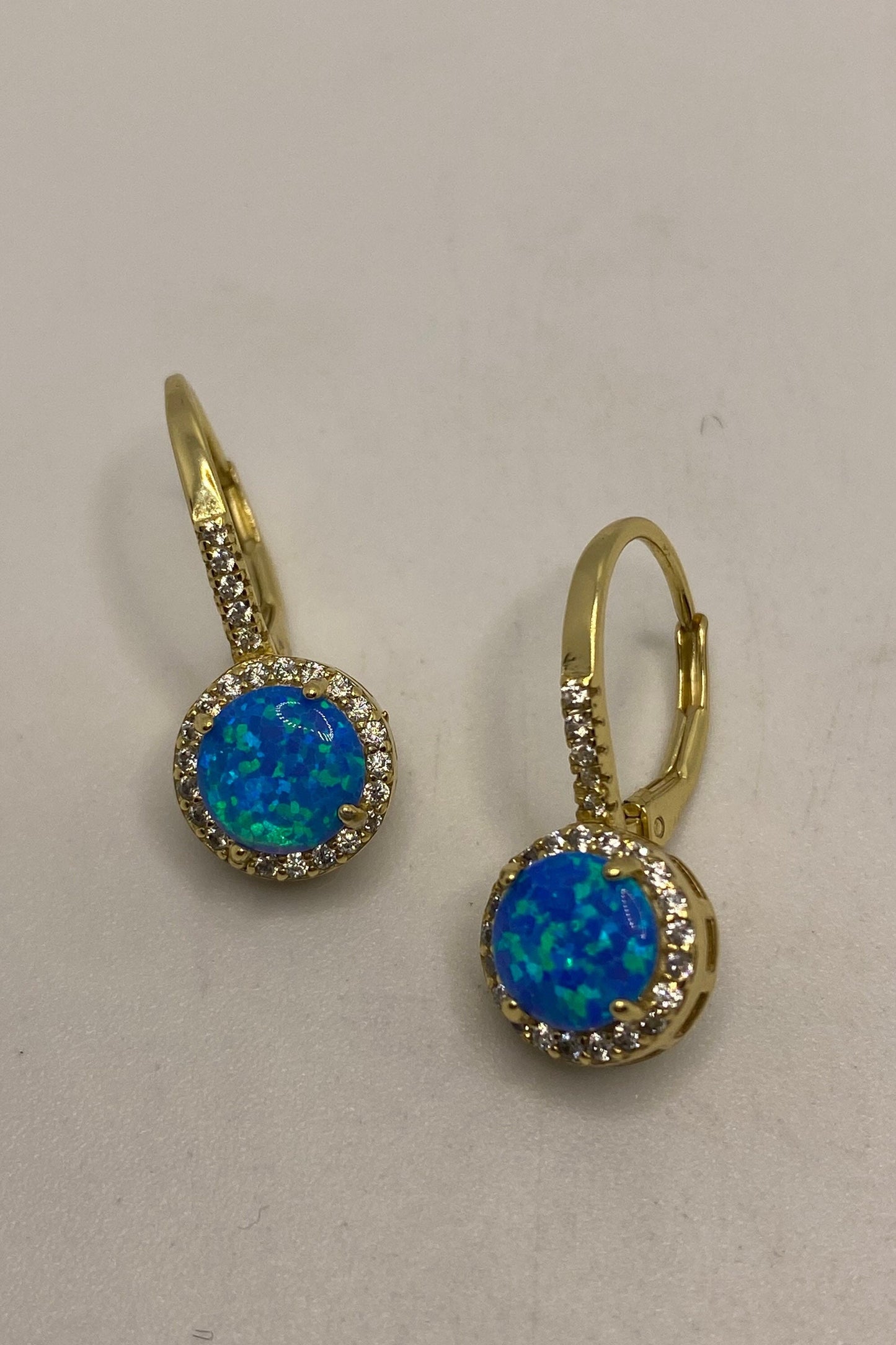 Vintage Blue Opal Earrings Golden 925 Sterling Silver Leverback Dangle