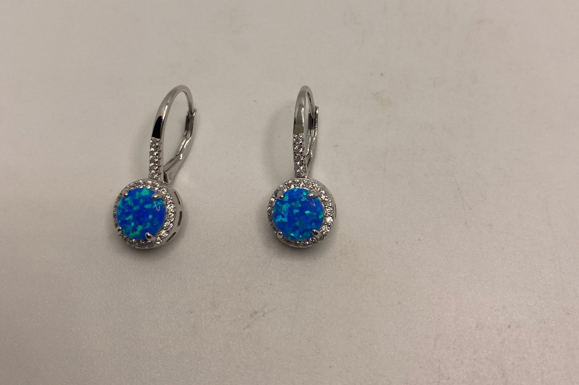 Vintage Blue Opal Earrings 925 Sterling Silver Leverback Dangle