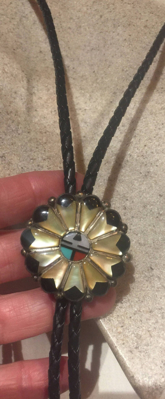 Large Handmade Vintage Native American Southwestern Inlay Gemstone Pendant bolo Necklace