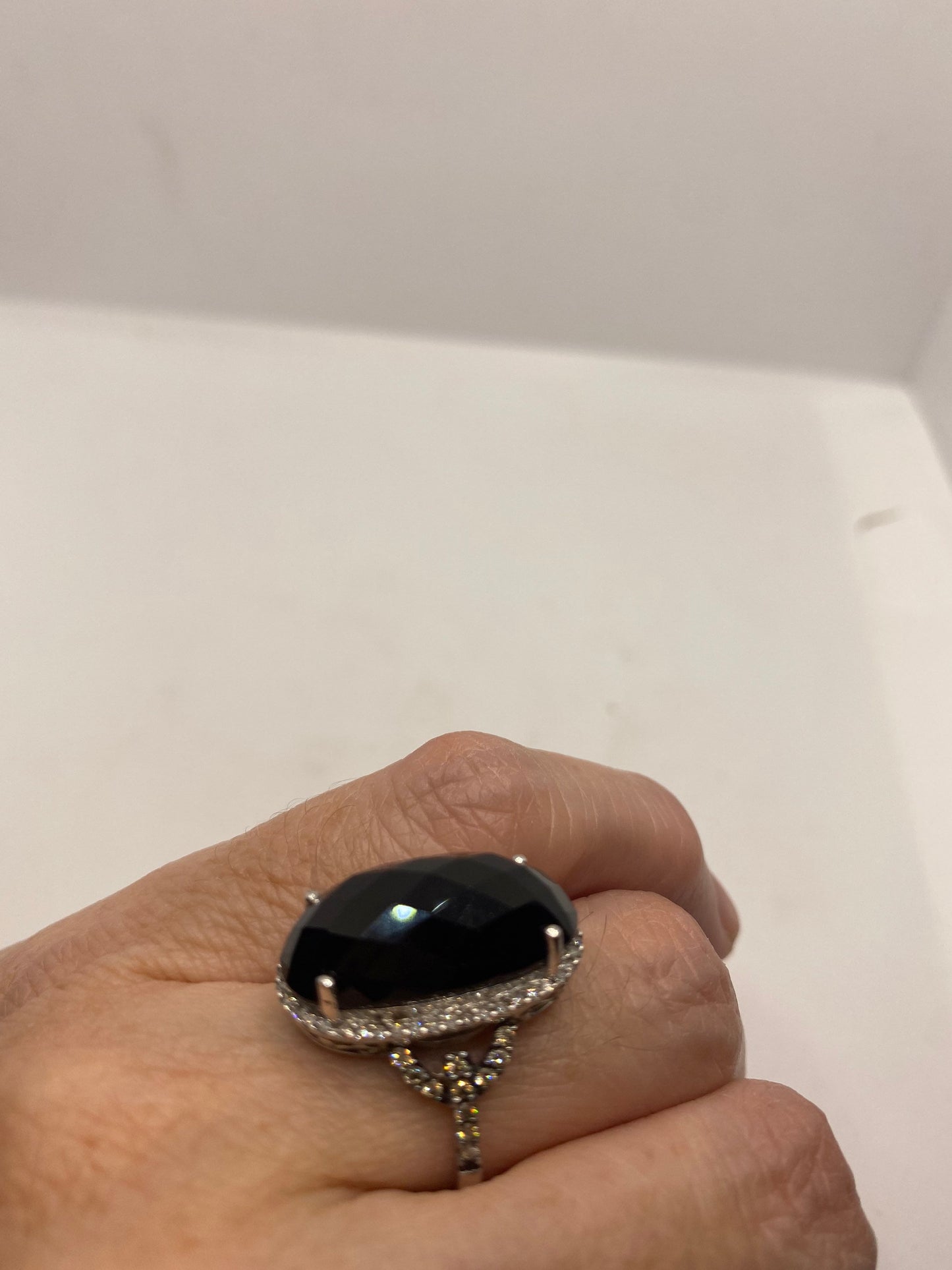 Vintage Black Onyx Champaign Diamond Ring 925 Sterling Silver Size 7