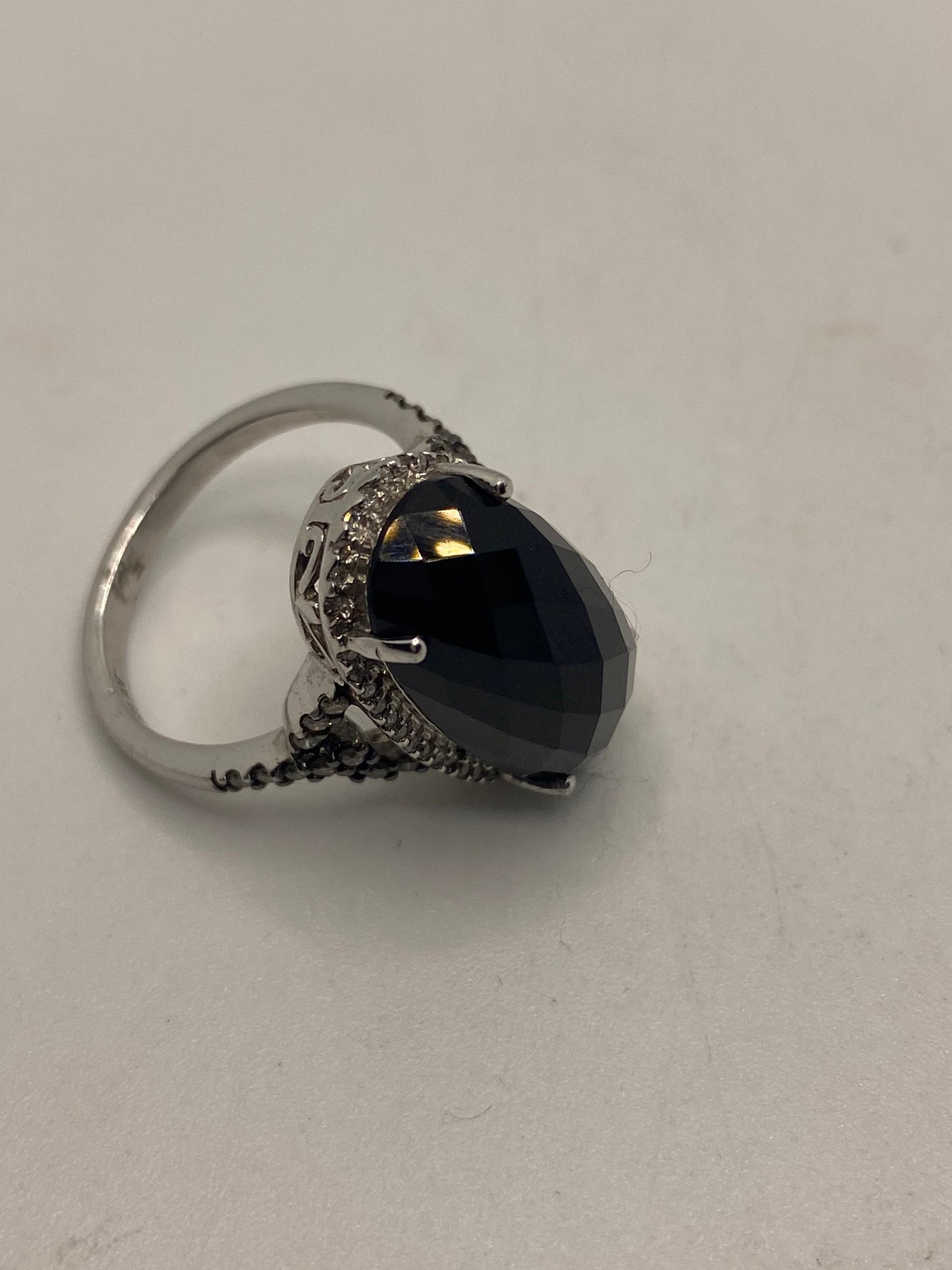 Vintage Black Onyx Champaign Diamond Ring 925 Sterling Silver Size 7