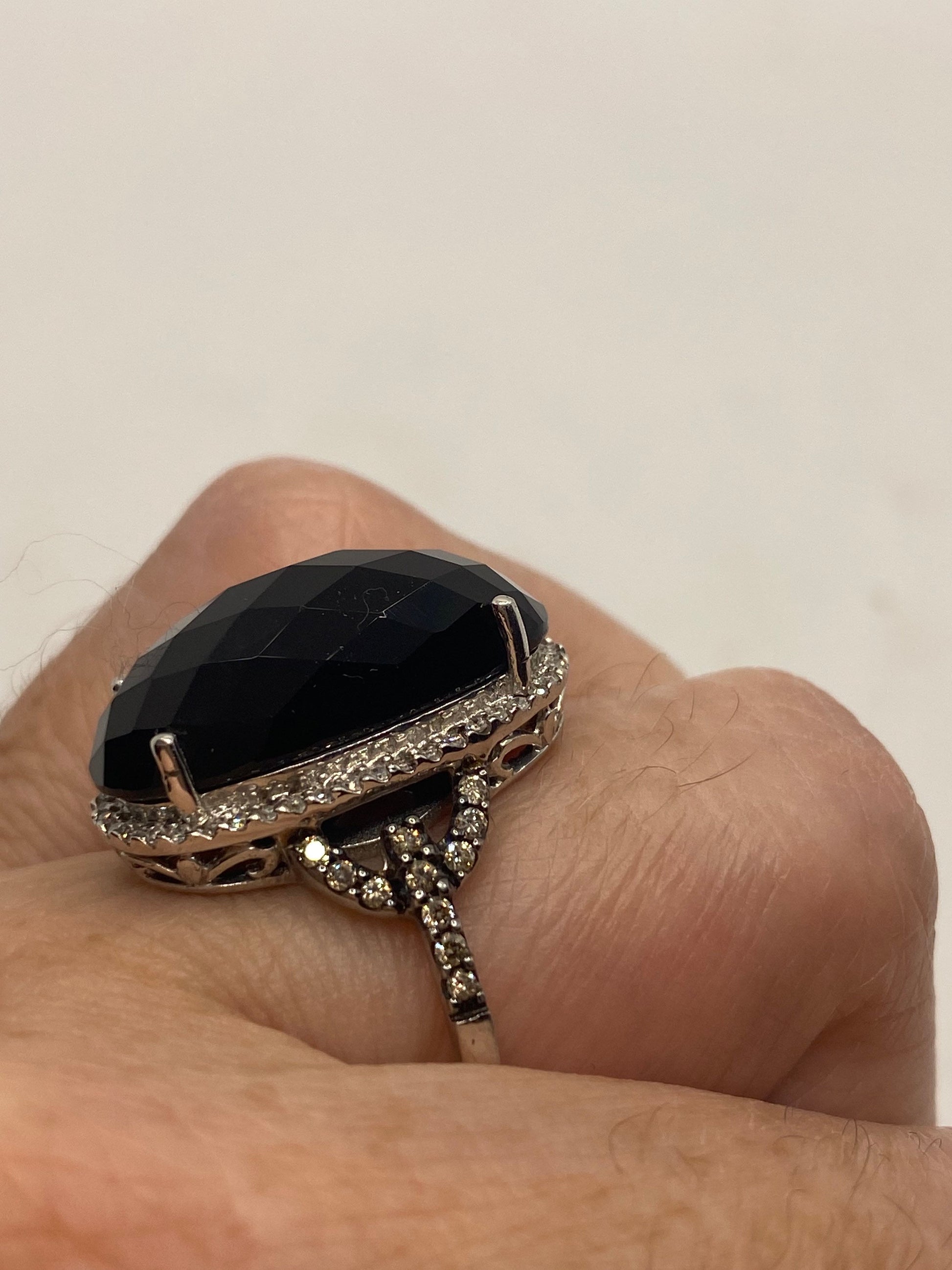 Vintage Black Onyx Champaign Diamond Ring 925 Sterling Silver Size 7