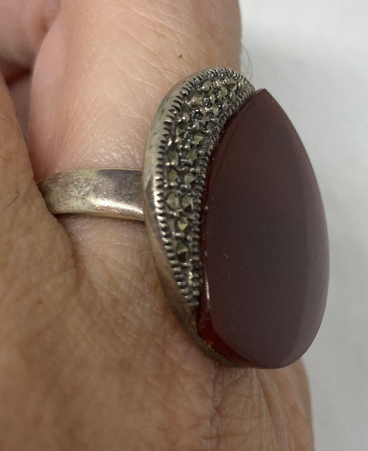 Vintage Genuine Red Carnelian 925 Sterling Silver Marcasite Ring