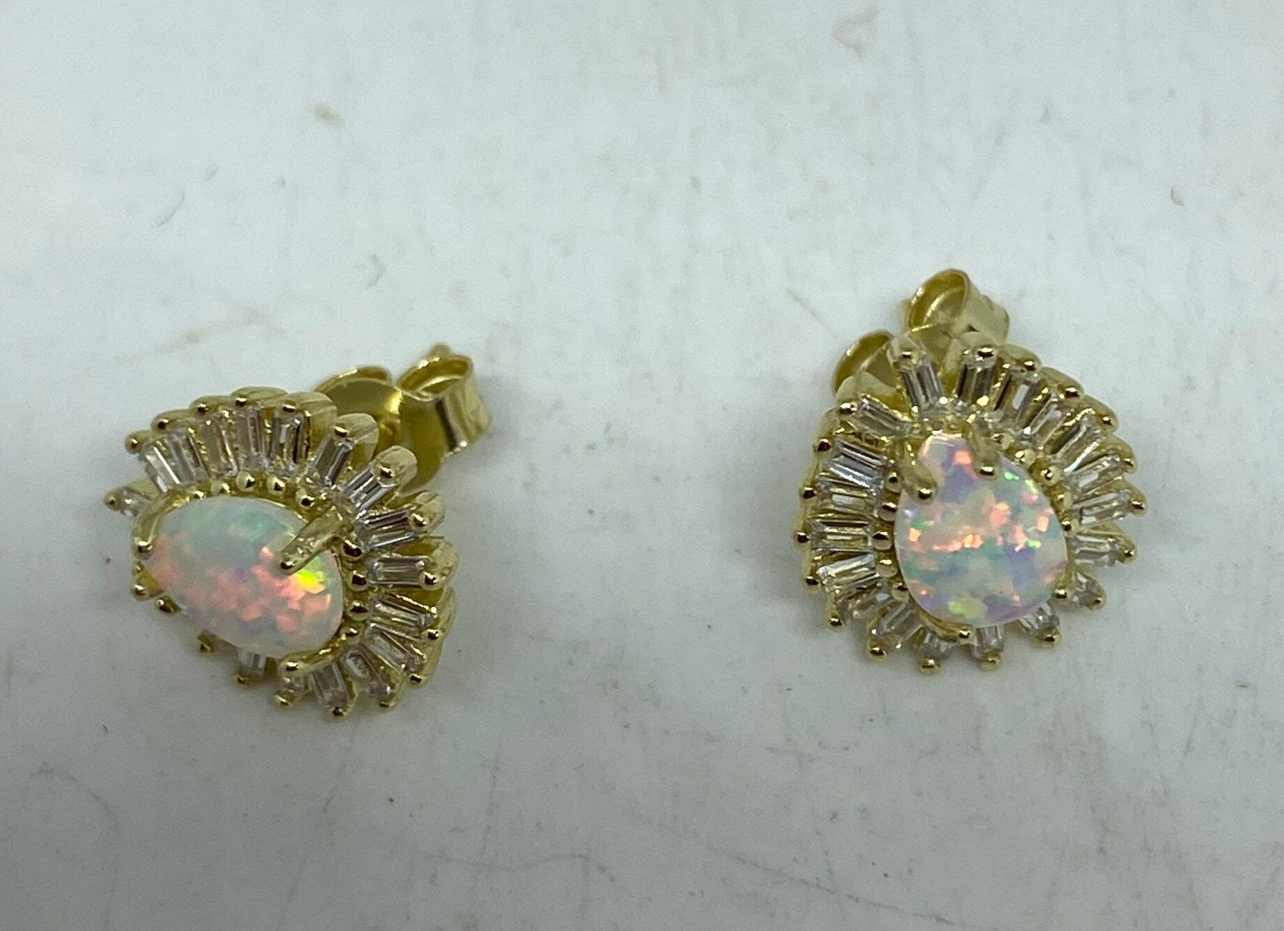 Vintage Fire Opal Earrings 925 Sterling Golden Stud Button