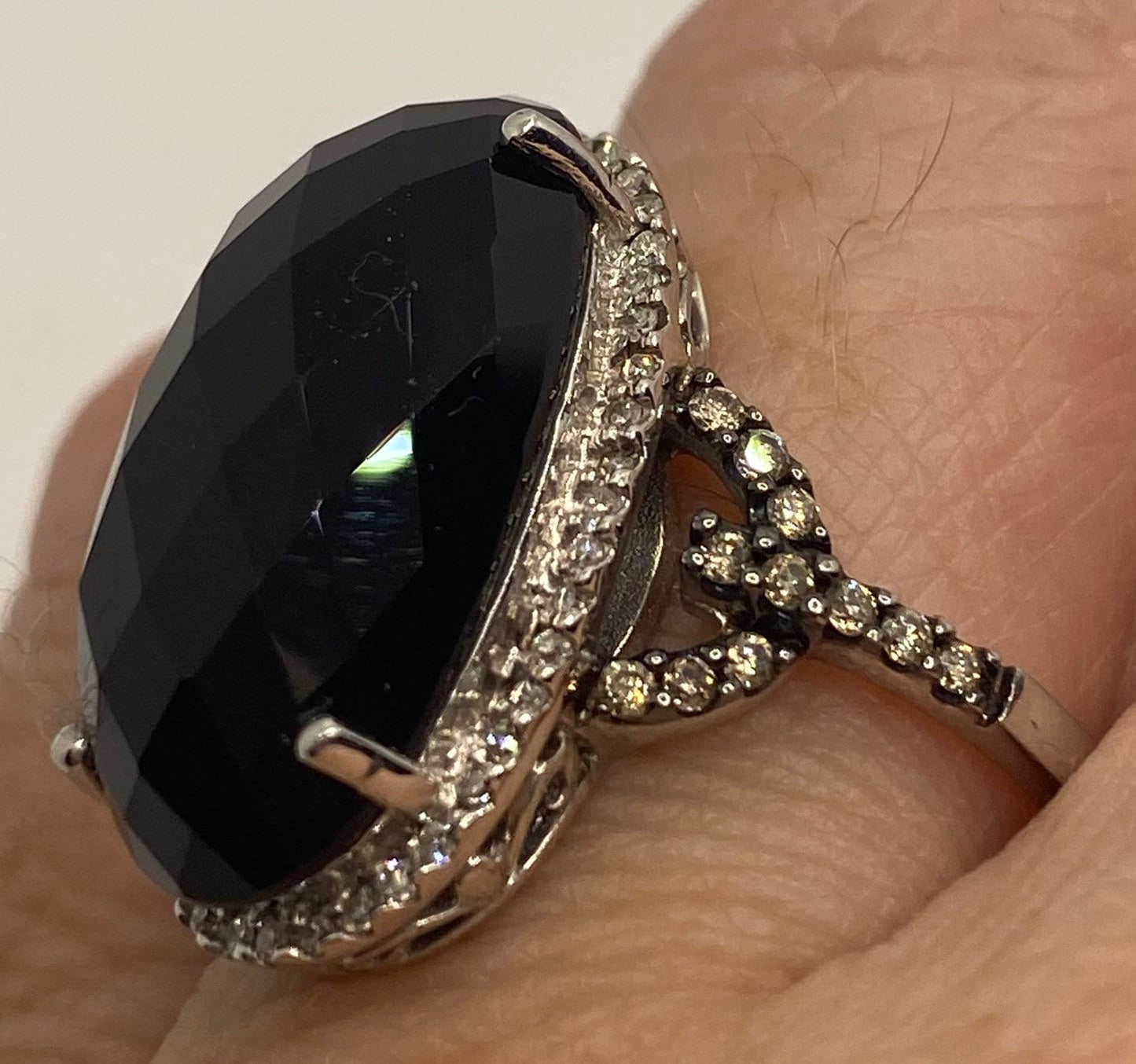 Vintage Black Onyx Champaign Diamond Ring 925 Sterling Silver Size 7