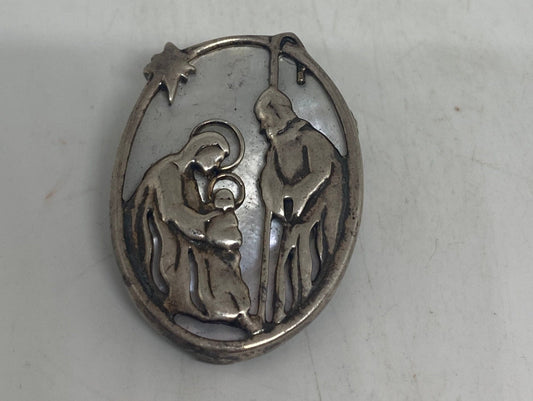 Vintage Holy Family Pin 925 Sterling Silver with Mother of Pearl Brooch Mary Joseph and Baby Jesus