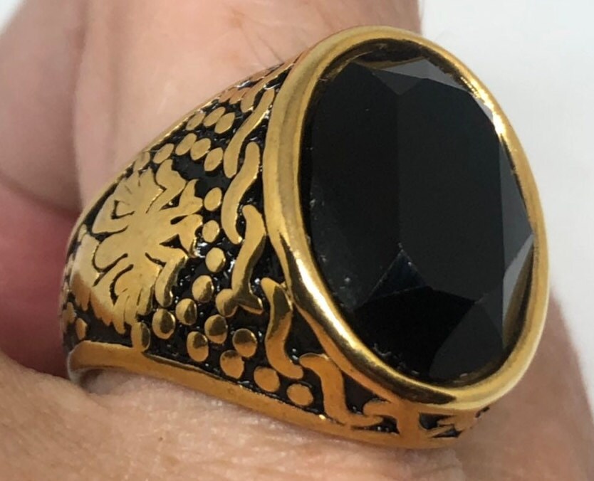 Vintage Gothic Gold Finished Stainless Steel Black Jet Mens Ring