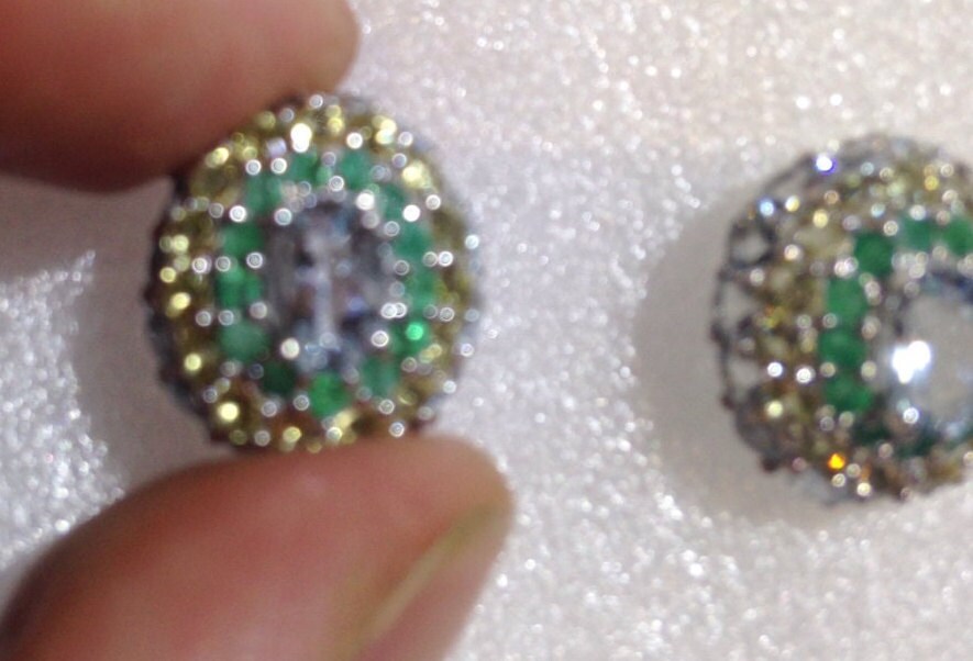 Vintage Genuine Blue Topaz Emerald Sterling Silver Stud Earrings